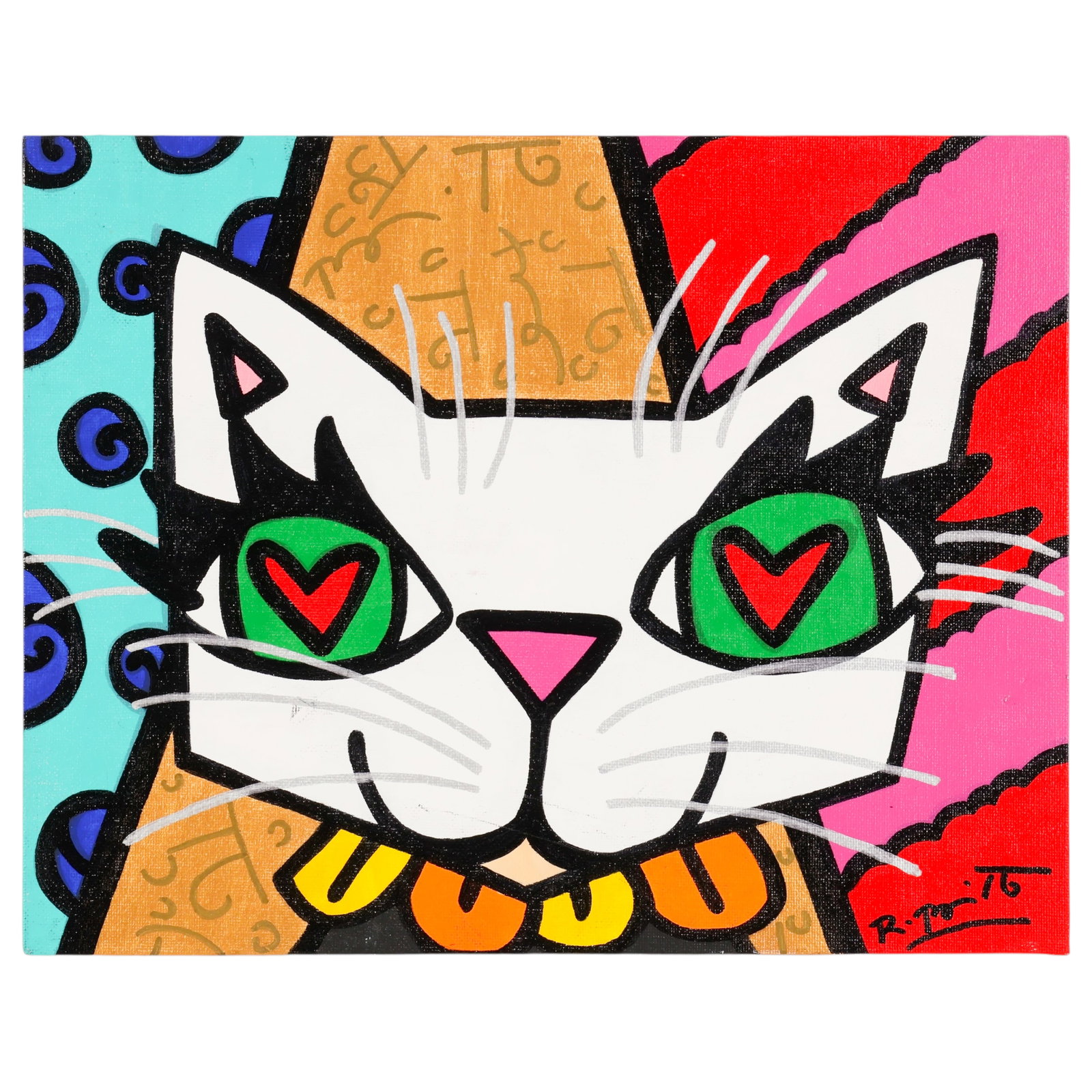 Romero Britto B.1963 Love Love 2008 Cat Painting: Romero Britto (Brazilian, born 1963), Love Love, acrylic painting on board composition depicting a stylized feline portrait with heart-shaped eyes rendered in the artists signature Pop Art style, feat