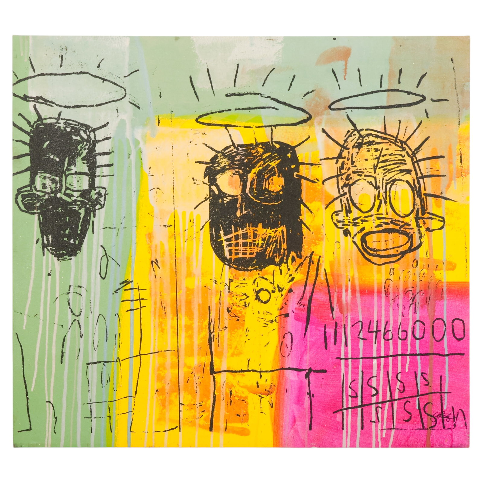 Gail Rogers 20C. Homage Basquiat Silkscreen SIGNED: Gail Rodgers (American, 20th/21st century), hand-pulled color silkscreen and acrylic on canvas depicting three stylized "Crimee" inspired figural heads with halo motifs rendered in an expressive graff