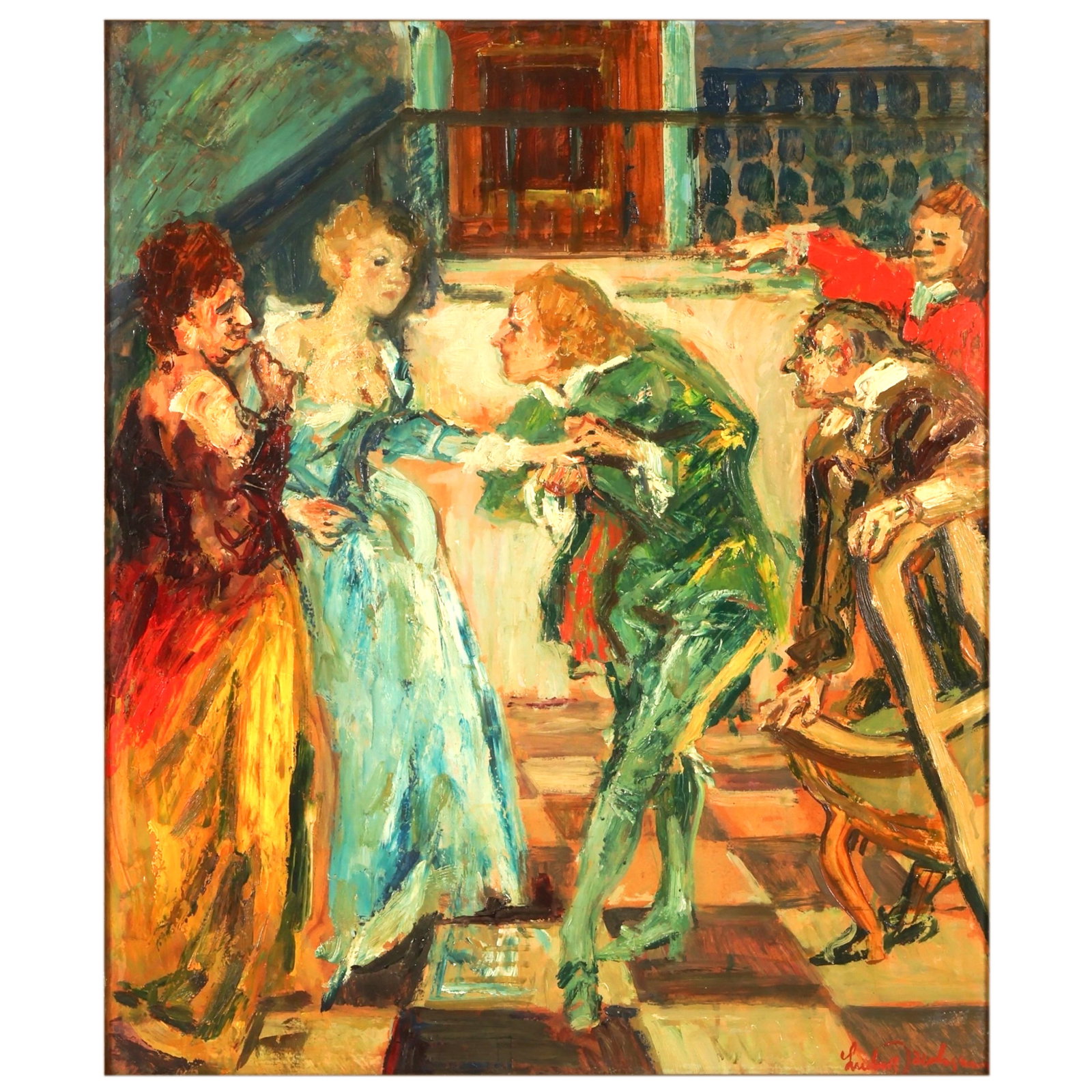 Ludvig Jacobsen 1890-1957 Figural Room Painting: Ludvig Jacobsen (Danish, 1890-1957), oil on canvas figural interior painting depicting elegantly dressed figures gathered in conversation within a lively social setting. Rendered with energetic brushw