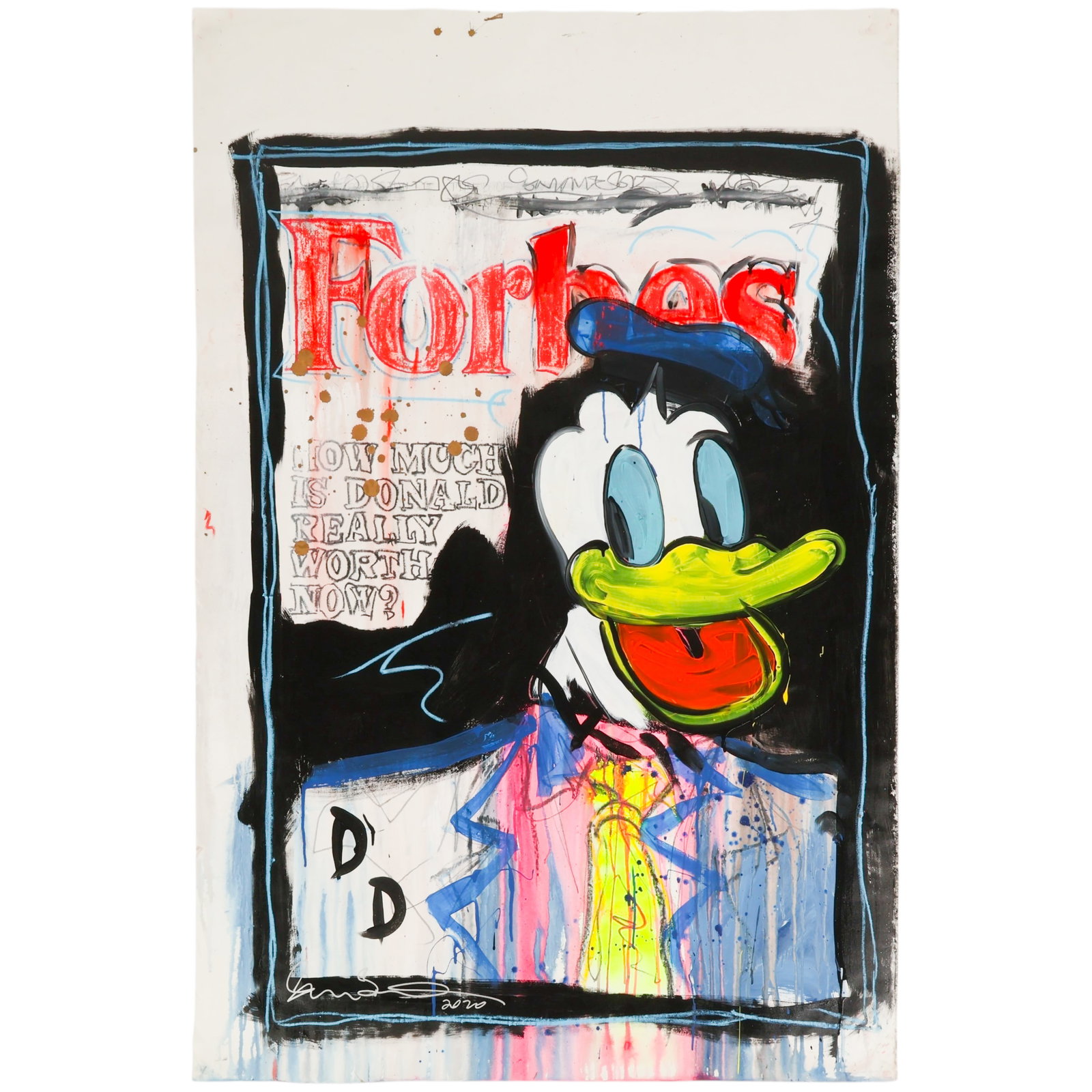 Shane Bowden b.1974 Donald Duck Pop Art Painting: Shane Bowden (Australian, born 1974), acrylic, oil, oil stick, and aerosol painting on unstretched canvas depicting a contemporary neo-pop composition featuring a stylized portrayal of Donald Duck dre