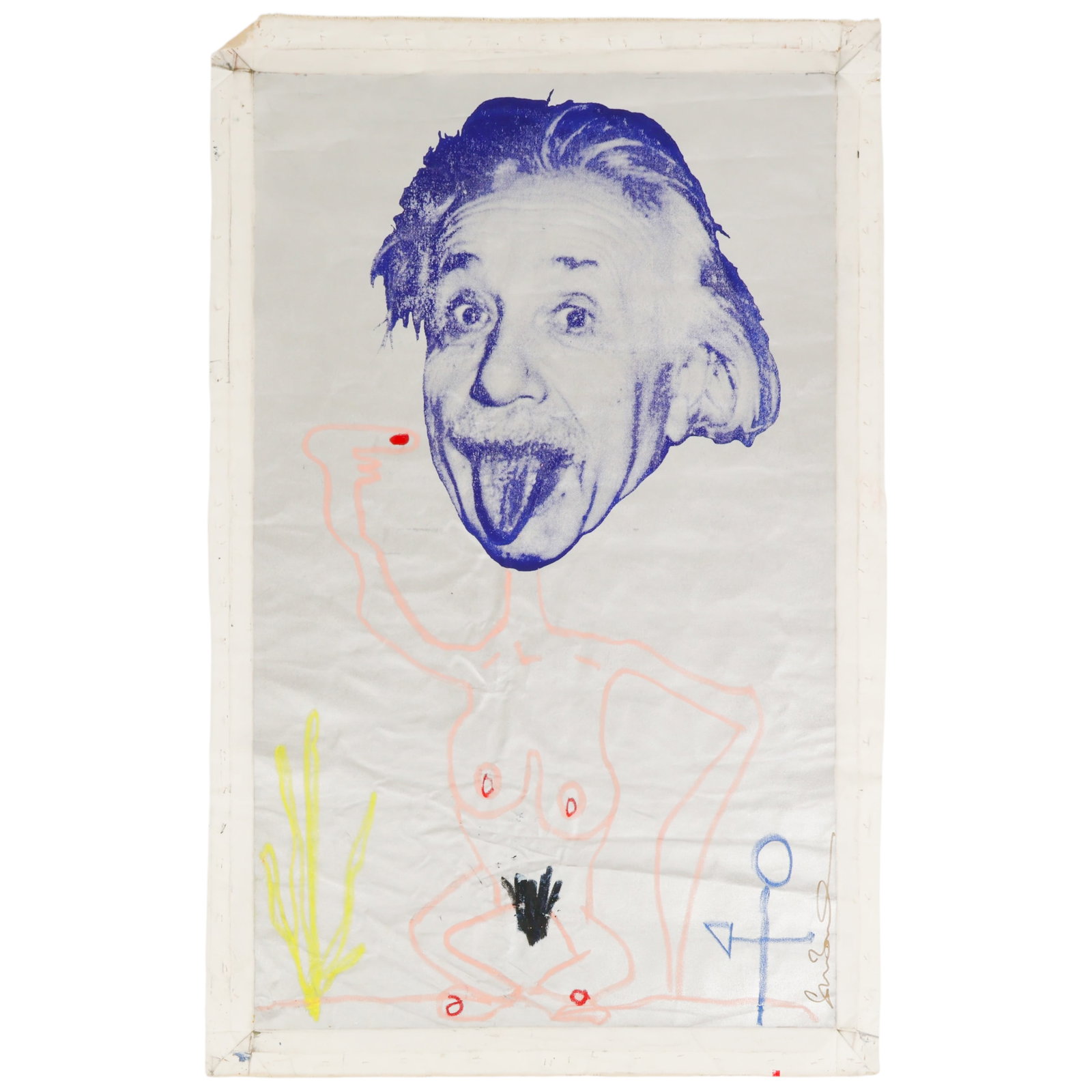 Shane Bowden b.1974 Nude Einstein Pop Art Painting: Shane Bowden (Australian, born 1974), oil stick, aerosol, and screenprint on unstretched canvas depicting a contemporary neo pop composition featuring a blue toned screenprinted portrait of Albert Ein