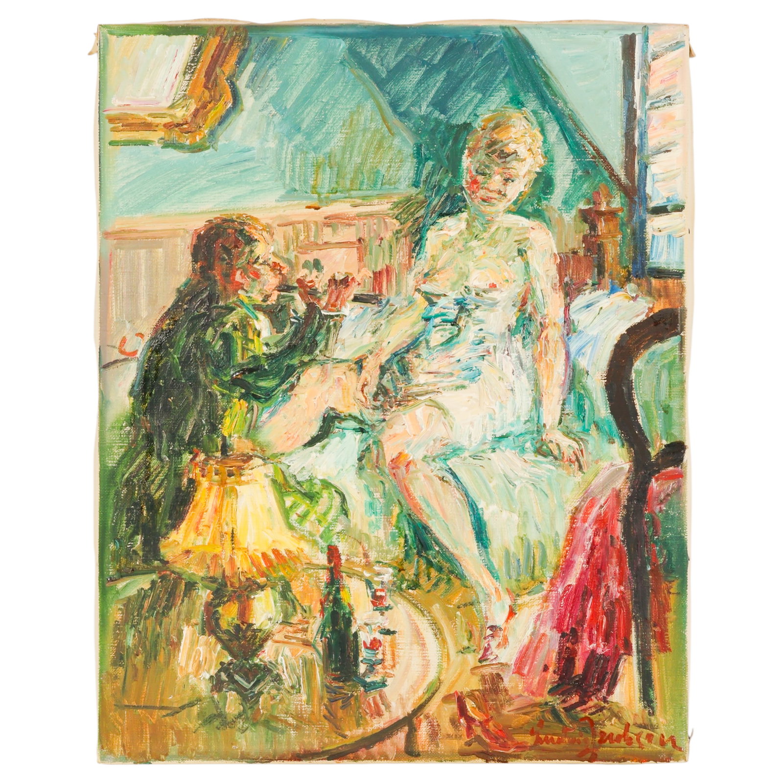 Ludvig Jacobsen 1890-1957 Figural Scene Painting: Ludvig Jacobsen (Danish, 1890-1957), Fredmans Epistel No. 4, oil on canvas figural interior painting depicting a seated female figure attended by a male figure in an intimate domestic setting. Rendere