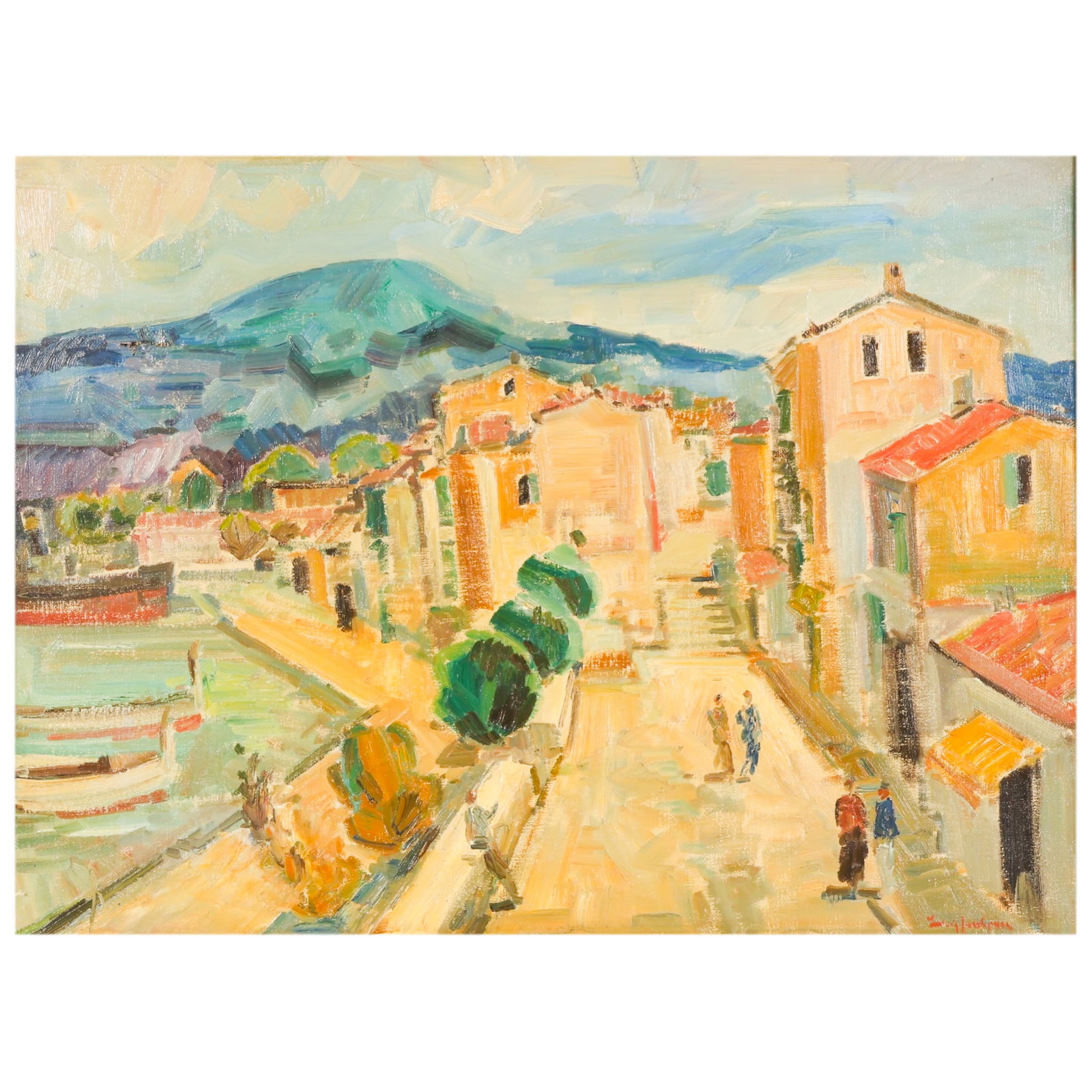Ludvig Jacobsen 1890-1957 French Village Painting: Ludvig Jacobsen (Danish, 1890-1957), oil on canvas depicting a Southern French coastal village with Mediterranean architecture set along a waterfront, with figures strolling through a sunlit street an