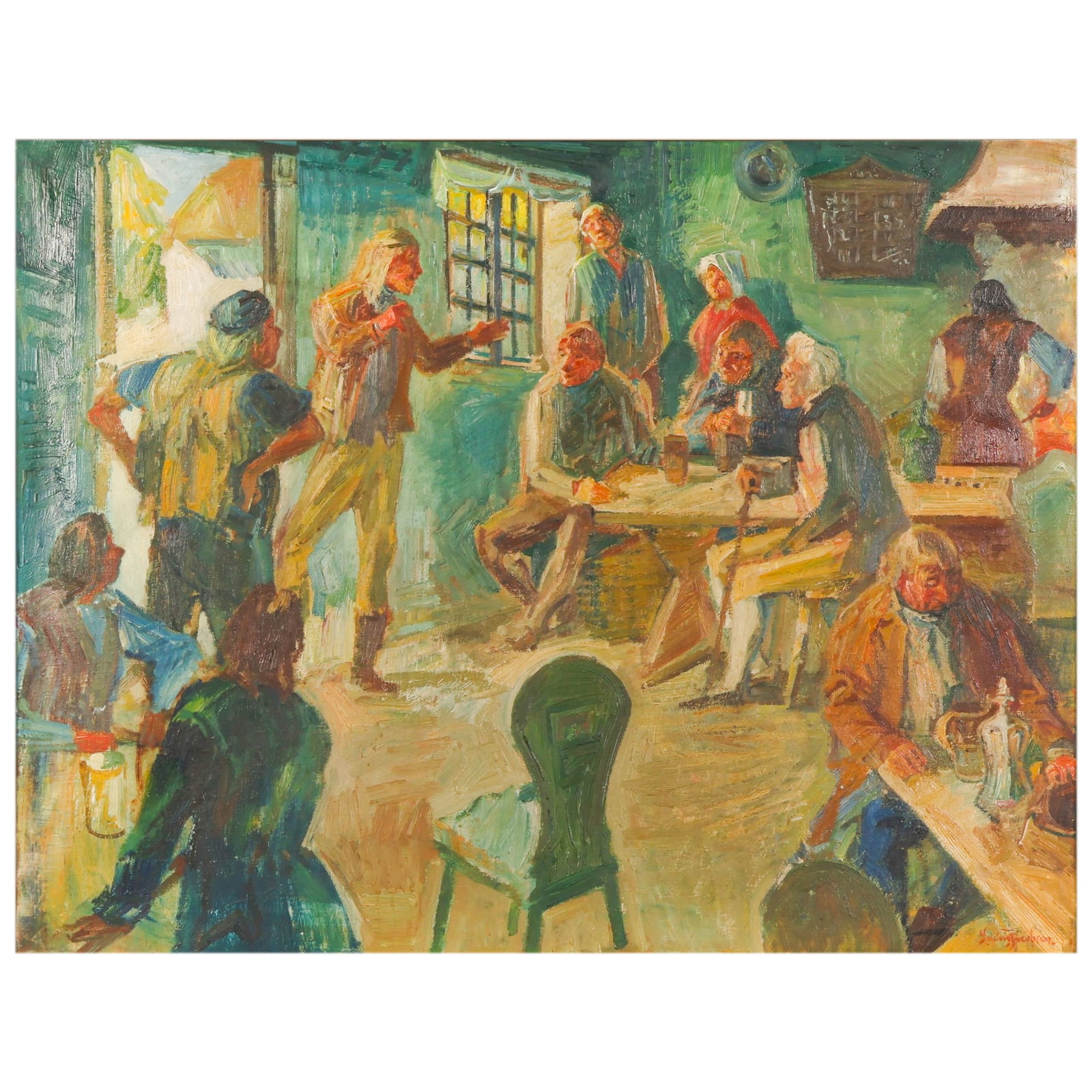Ludvig Jacobsen 1890-1957 Interior Scene Painting: Ludvig Jacobsen (Danish, 1890-1957), oil on canvas painting depicting a lively interior tavern scene with numerous figures gathered around tables in animated conversation. The composition is rendered 