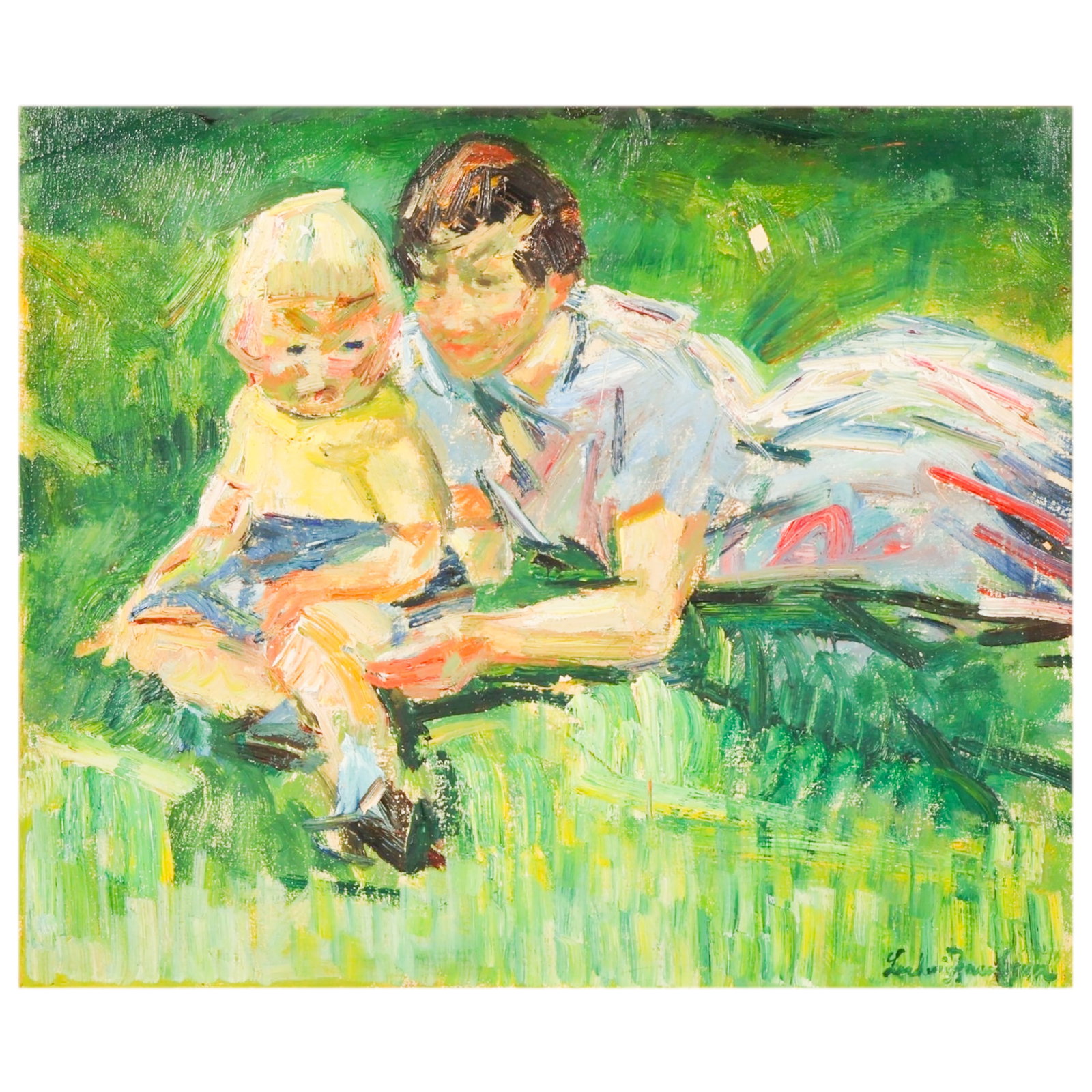 Ludvig Jacobsen 1890-1957 Wife and Child Painting: Ludvig Jacobsen (Danish, 1890-1957), oil on canvas figural painting depicting the artists wife and child seated in a garden setting. Rendered in an expressive Impressionistic style with bold brushwork