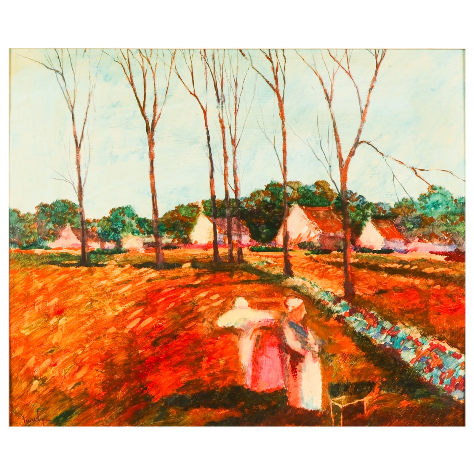 Donald Purdy 1924-2016 Figural Landscape Painting: Donald Purdy (American, 1924-2016), oil on masonite landscape painting depicting a stylized rural scene with tall slender trees, cottages in the distance, and two female figures in the foreground. Ren