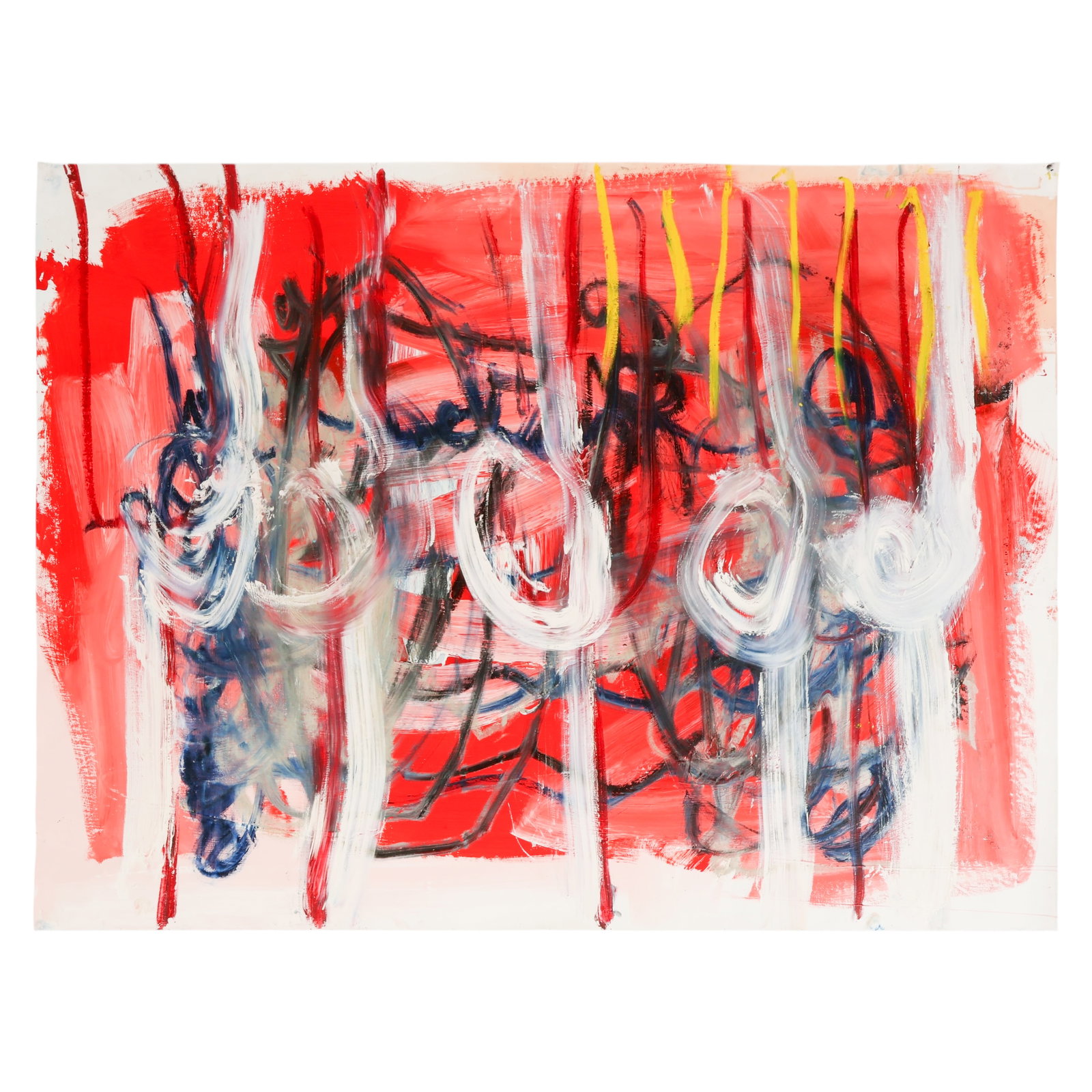 Shane Bowden b1974 Abstract Expressionist Painting: Shane Bowden (Australian, born 1974), oil and acrylic on unstretched canvas featuring energetic layered brushwork and gestural abstract forms rendered in red, white, blue, yellow, and black tones. Exe