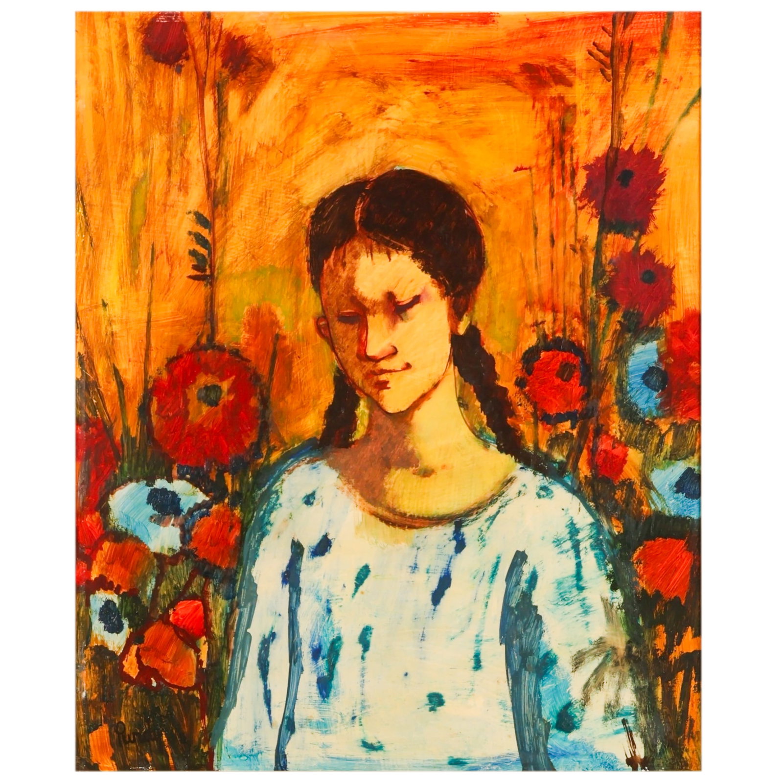 Donald Purdy 1924-2016 Figural Portriat Painting: Donald Purdy (American, 1924-2016), oil on wood depicting a stylized portrait of a young woman with braided hair standing before a field of abstract floral forms. The composition is rendered in a bold