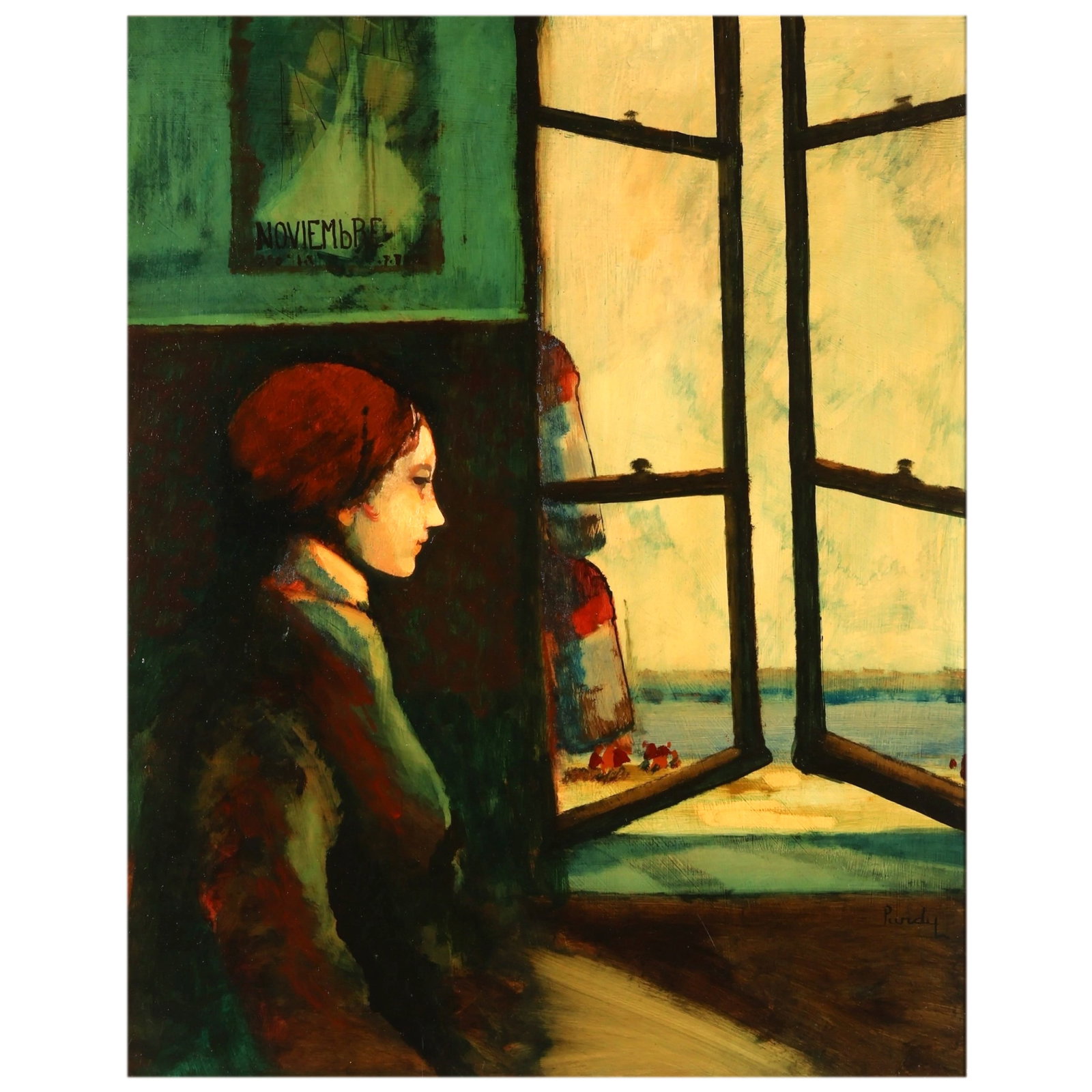 Donald Purdy 1924-2016 Lady by the Window Painting: Donald Purdy (American, 1924-2016), Lady by the Window, oil on board figural painting depicting a contemplative female figure seated in profile beside an open window. A poster reading Noviembre appear