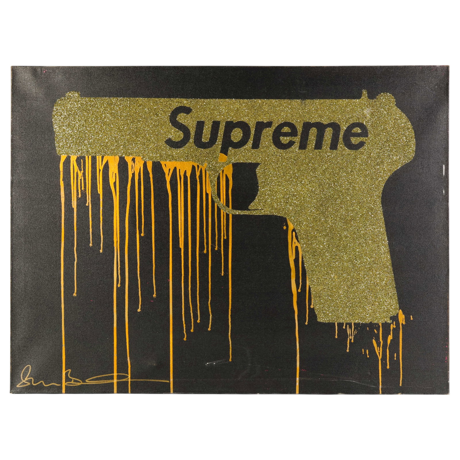 Shane Bowden b.1974 Supreme Gun Pop Art Painting: Shane Bowden (Australian, born 1974), acrylic and diamond dust on canvas depicting a stylized handgun silhouette rendered in shimmering gold glitter against a black ground, emblazoned with the word "S