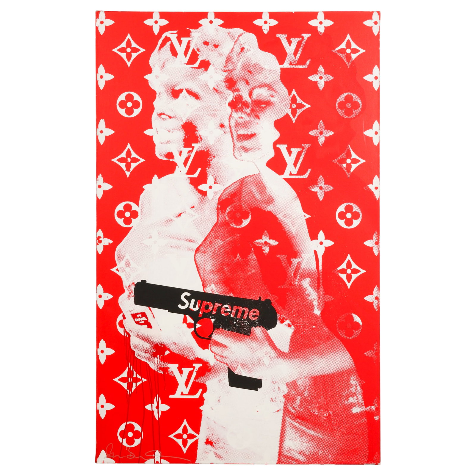 Shane Bowden b.1974 Marilyn & LV Pop Art Painting: Shane Bowden (Australian, born 1974), acrylic and screenprint on canvas depicting a stylized Marilyn Monroe figure set against a Louis Vuitton monogram ground with a black Supreme handgun motif. Execu