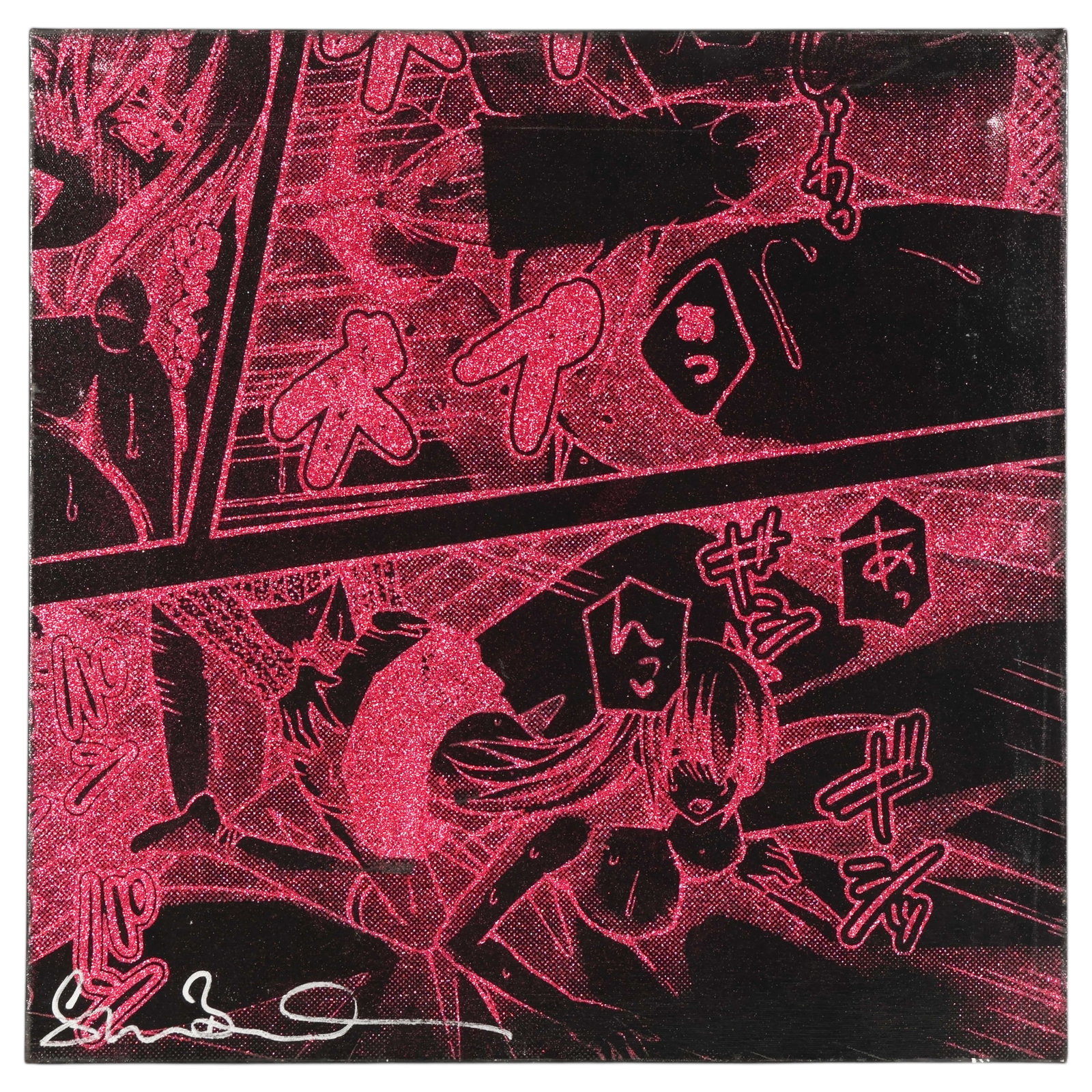 Shane Bowden b.1974 Pink Glitter Pop Art Painting: Shane Bowden (Australian, born 1974), acrylic and diamond dust on canvas depicting a stylized manga inspired female figure rendered in black and vivid pink glitter with graphic comic book aesthetics a