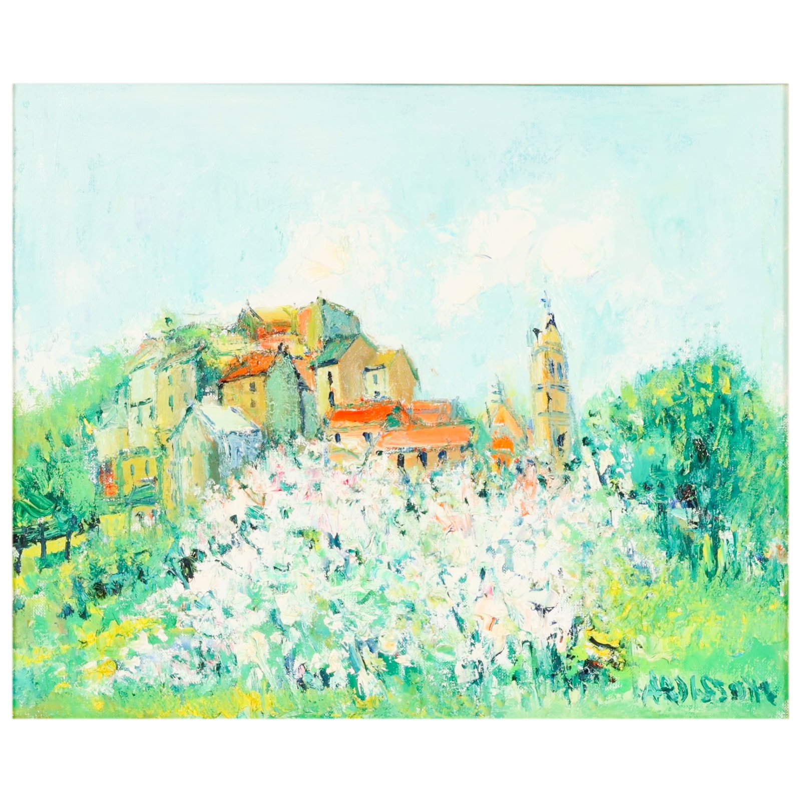 Yolande Ardissone 1927 2024 Village Scene Painting: Yolande Ardissone (French, 1927-2024), oil on canvas landscape painting depicting a Provencal village with blossoming trees in the foreground and clustered buildings rising along a hillside, likely re