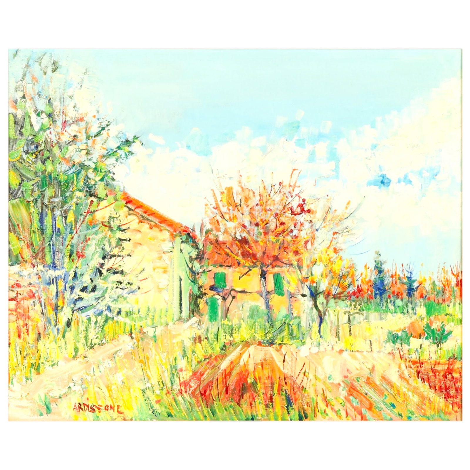 Yolande Ardissone 1927-2024 Landscape Oil Painting: Yolande Ardissone (French, 1927-2024), oil on canvas landscape painting depicting a vibrant countryside scene with a farmhouse nestled among flowering trees and lush greenery, rendered in the artists 