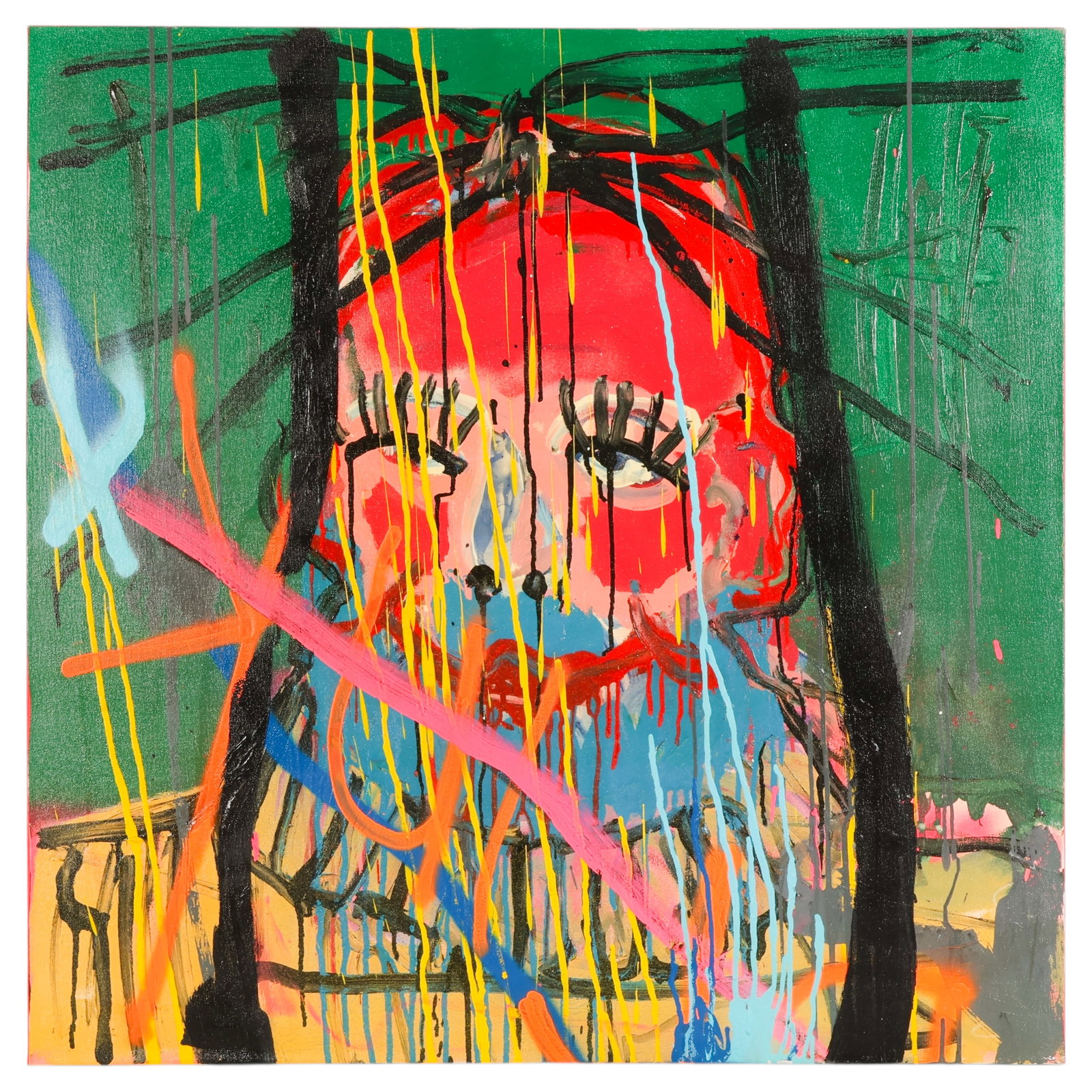Shane Bowden b.1974 Graffiti Art Portrait Painting: Shane Bowden (Australian, born 1974), acrylic and oil paint on canvas depicting a stylized portrait rendered in bold graffiti inspired brushwork with vivid dripped pigments in yellow, orange, blue, pi