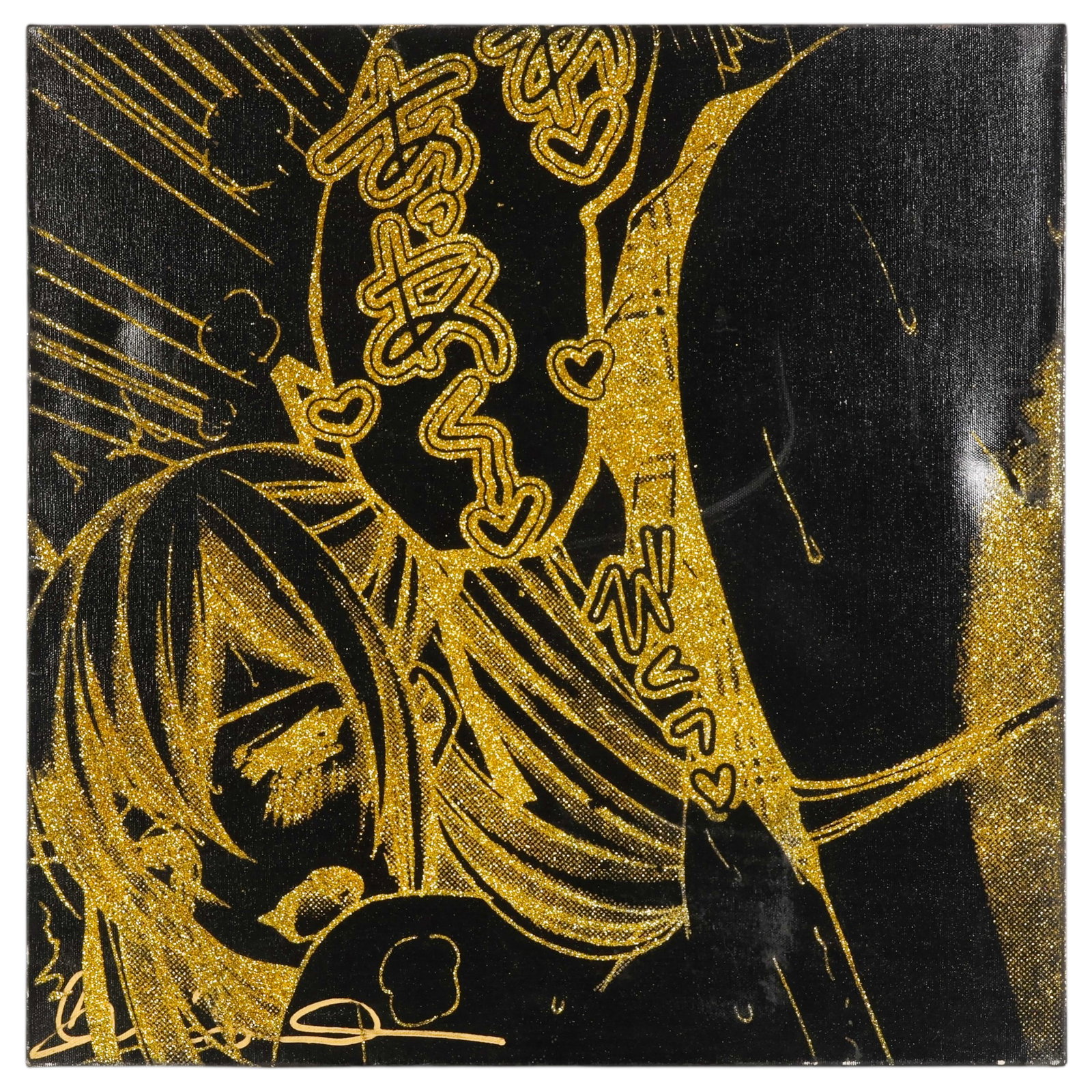 Shane Bowden b.1974 Gold Glitter Pop Art Painting: Shane Bowden (Australian, born 1974), acrylic and diamond dust on canvas depicting a stylized manga inspired female figure rendered in black and gold glitter with graphic comic book aesthetics and Jap