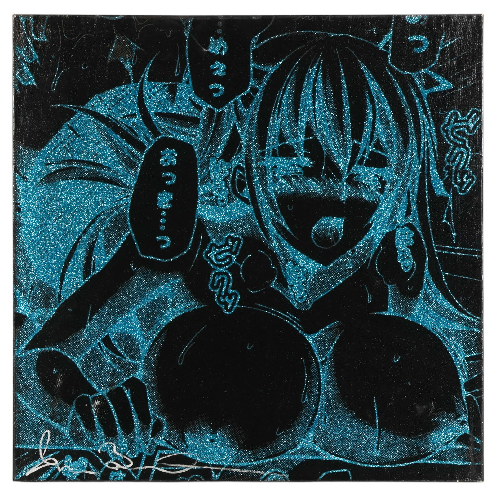 Shane Bowden b.1974 Blue Glitter Manga Painting: Shane Bowden (Australian, born 1974), acrylic and diamond dust on canvas depicting a stylized manga inspired female figure rendered in black and vivid blue glitter tones with graphic comic book aesthe