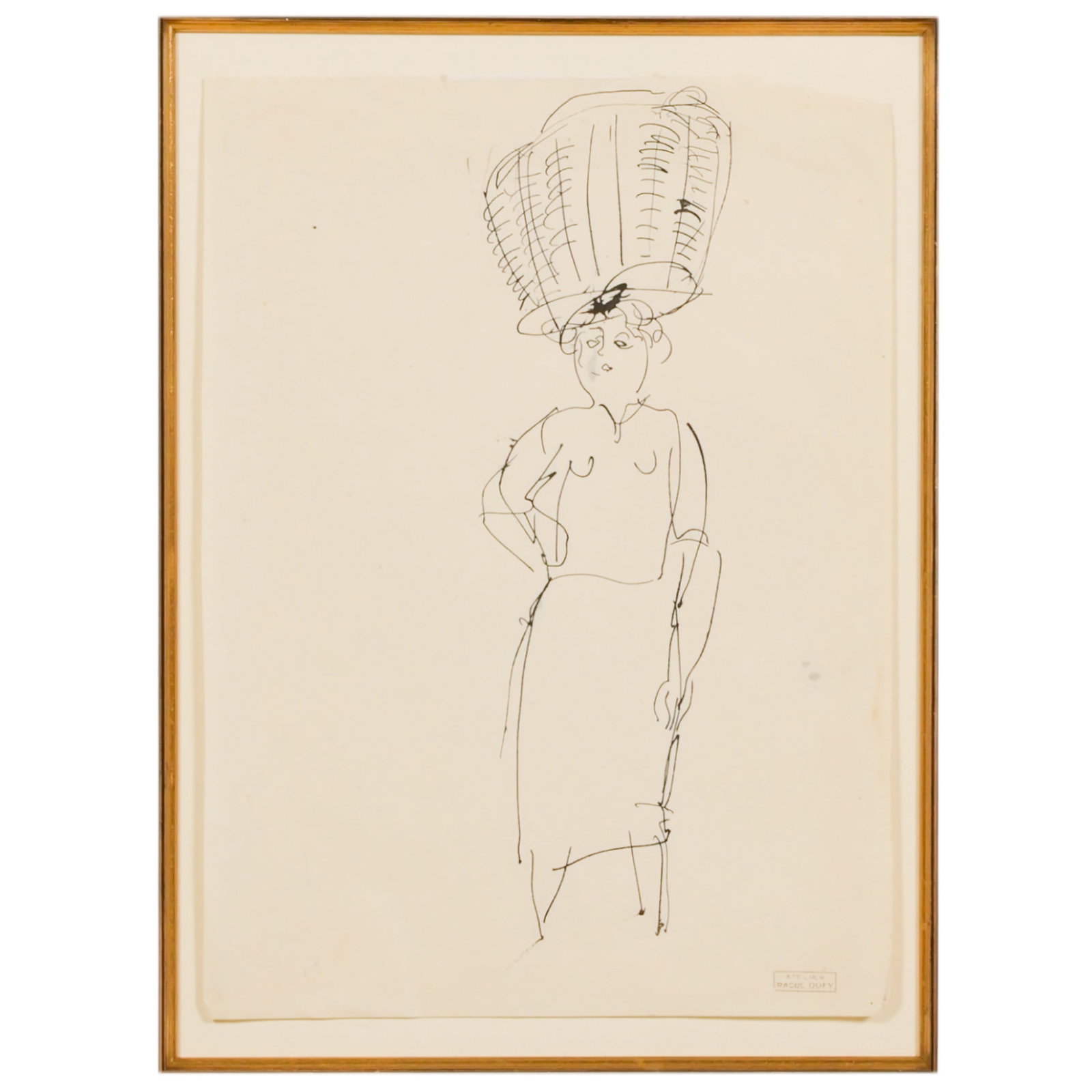 Raoul Dufy 1877-1953 Lady in Hat Ink Drawing w/COA: Raoul Dufy (French, 1877-1953), Ink drawing on paper depicting a stylized standing female figure wearing a large hat on her head head. The composition is rendered in Dufy's characteristic expressive a