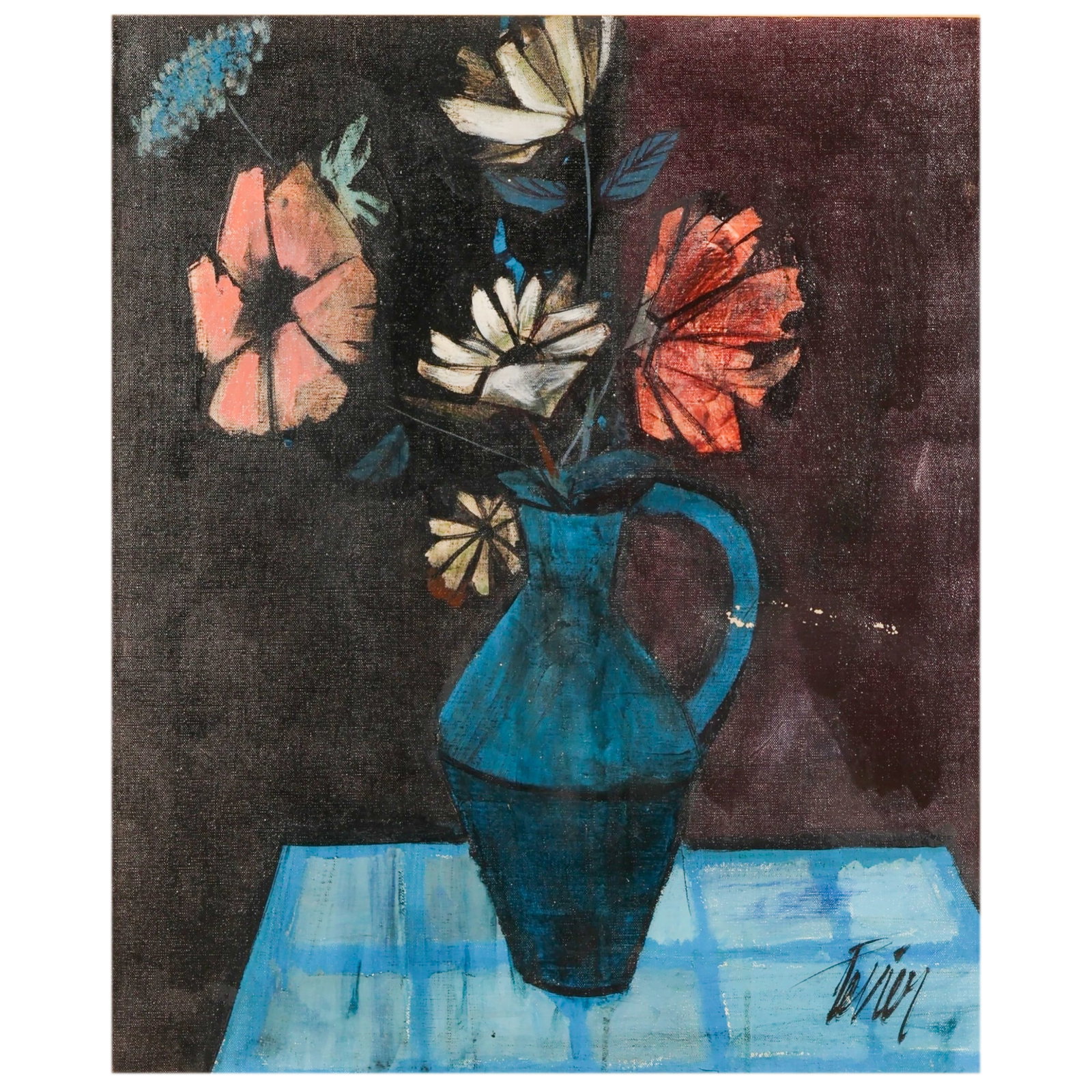 Charles Levier 1920-2003 Flowers Scene Painting: Charles Levier (French, 1920-2003), Fleurs, oil on canvas still life painting depicting flowers arranged in a blue vessel set against a dark ground. Rendered with bold expressive brushwork and a moder