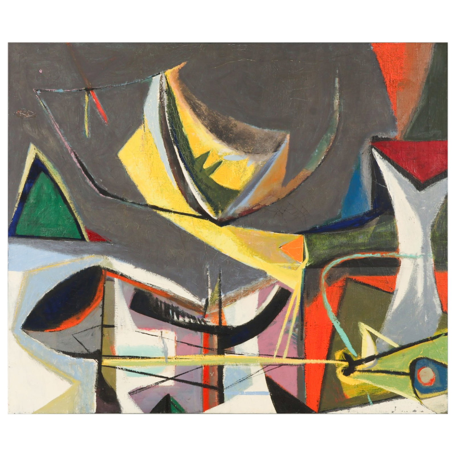Modern Abstract Cubist 1952 Composition Painting: H. Matt (20th century), abstract expressionist oil on canvas painting executed in 1952. This mid century modern composition features geometric and biomorphic forms rendered in tones of charcoal gray, 