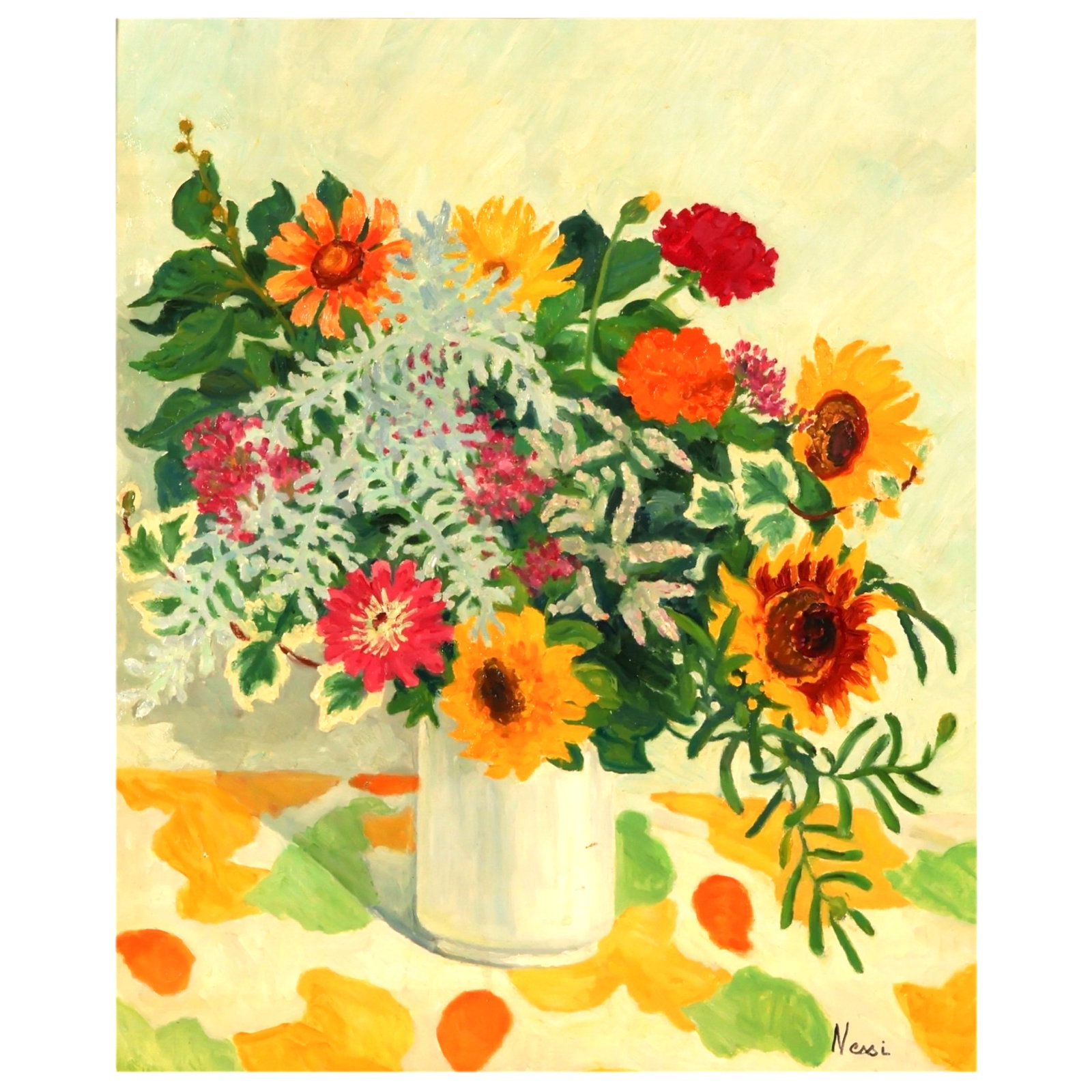 Marie Lucie Nessi 1910-1992 Still Life Painting: Marie-Lucie Nessi Valtat (French,1910-1992), oil on canvas floral still life painting depicting a vibrant bouquet of flowers arranged in a white vessel set against a soft pastel background. The compos