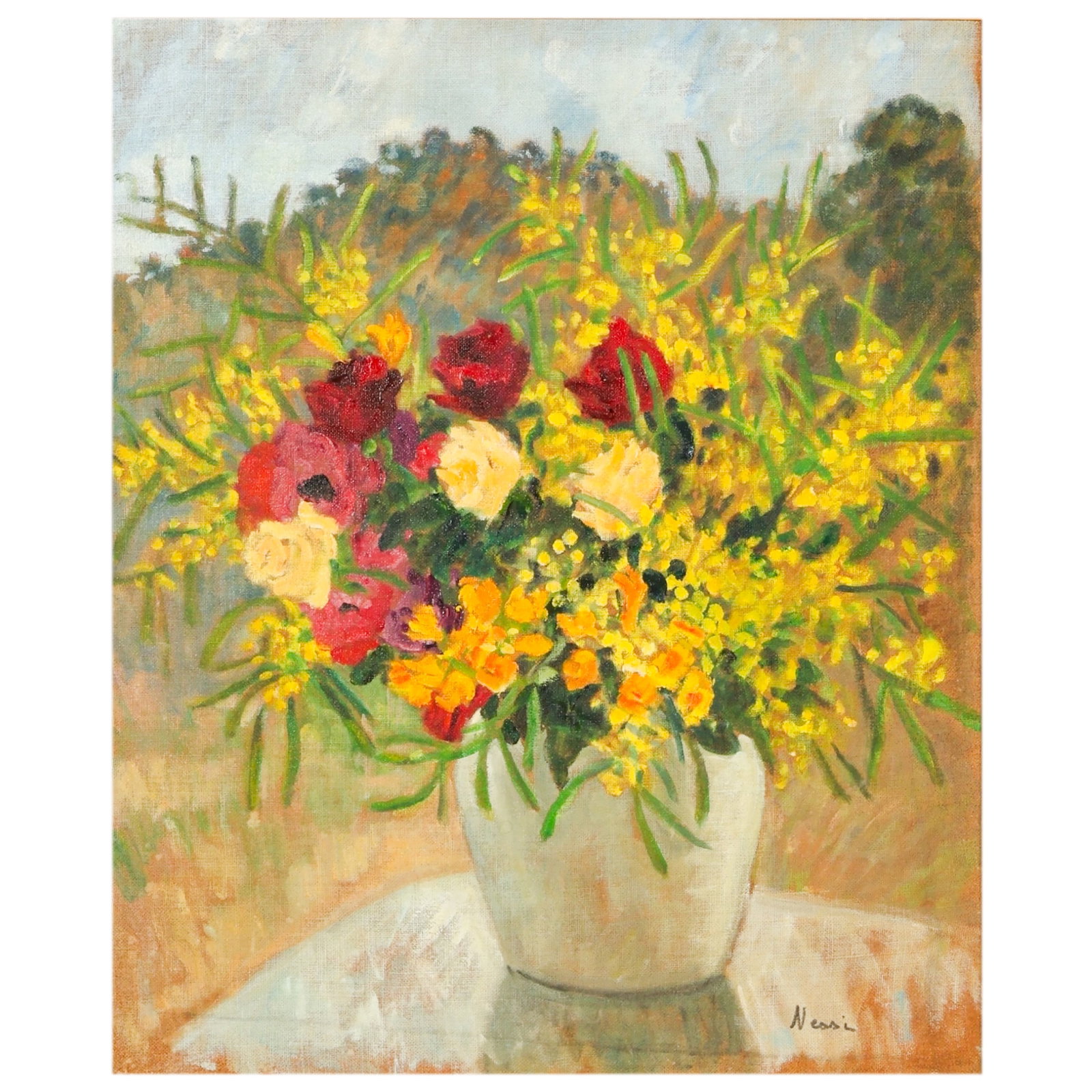 Marie-Lucie Nessi-Valtat 1910-1992 Flora Painting: Marie-Lucie Nessi Valtat (French,1910-1992), oil on canvas still life painting depicting a vibrant bouquet of flowers arranged in a vase. The composition features an abundant arrangement of yellow blo