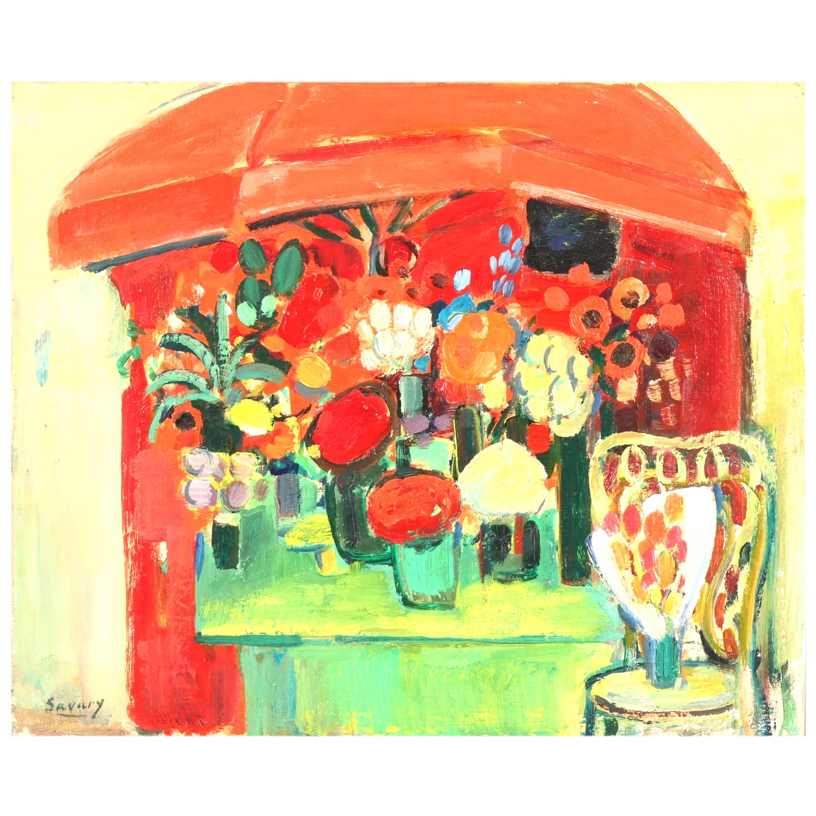 Robert Savary 1920-2000 Florist Table Oil Painting: Robert Savary (French, 1920-2000), Fleuriste, oil on canvas still life painting depicting a bouquet of flowers arranged in vases atop a table. Rendered in a bold, expressive style with rich impasto an