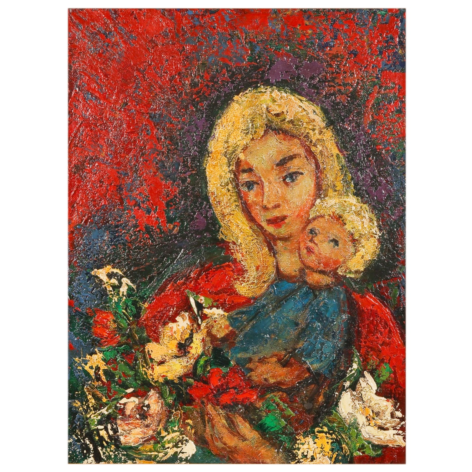 Henry M D'Anty 1910-1998 Mother & Child Painting: Henry Maurice D'Anty (French, 1910-1998), oil on canvas painting depicting a stylized mother and child portrait surrounded by floral elements. The composition is rendered in a vibrant palette with exp