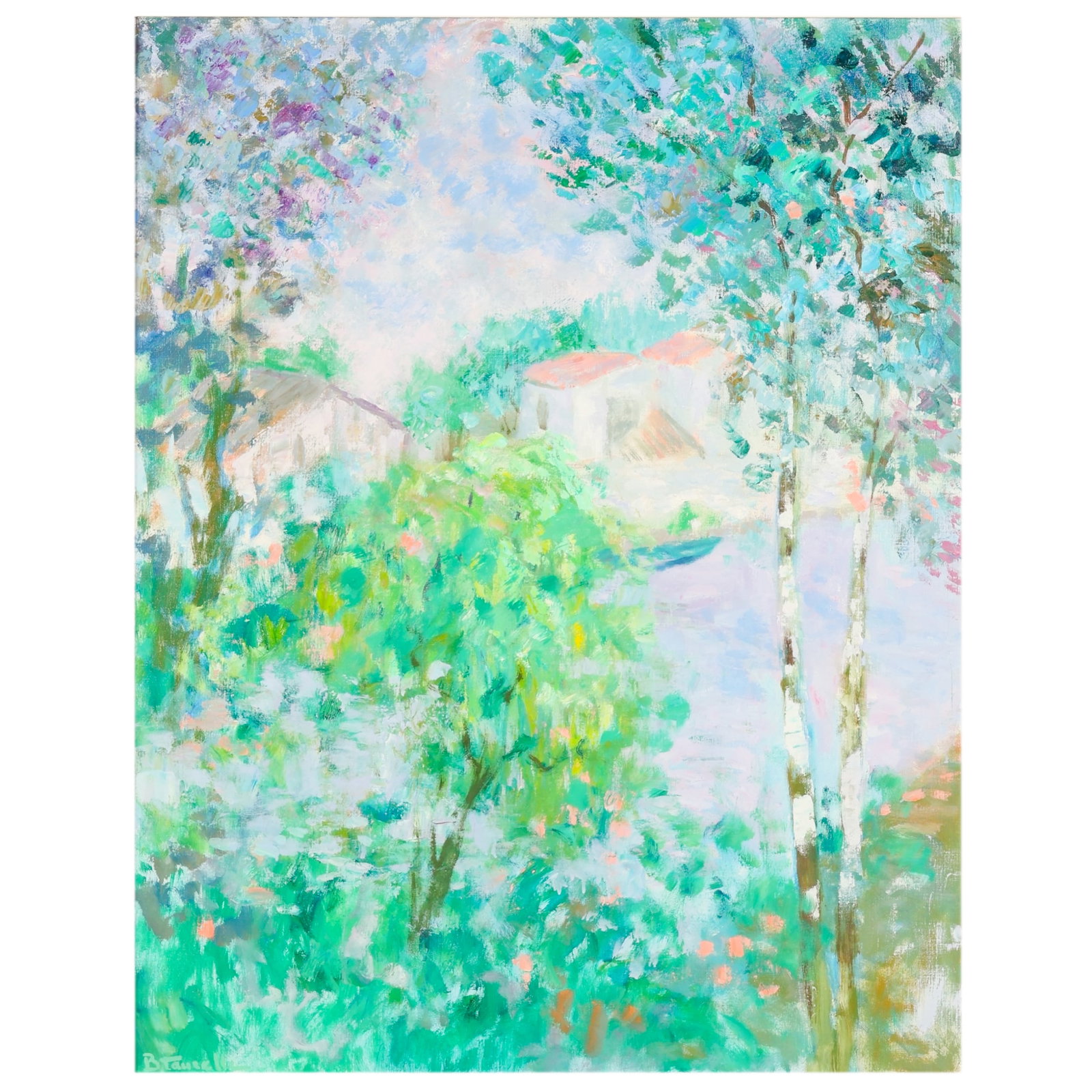 Bernard Taurelle b.1931 The Birches Scene Painting: Bernard Taurelle (French, born 1931), Les Bouleaux, oil on canvas landscape painting depicting birch trees framing a lush riverside scene. Rendered in an Impressionistic style with soft layered brushw