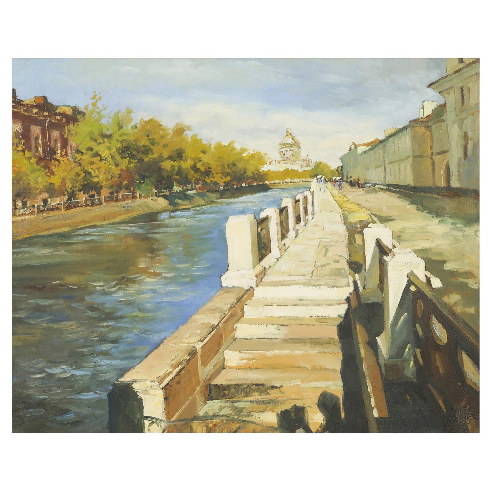 Sergey M. Pronin b.1964 Moika River Scene Painting: Sergey M. Pronin (Russian, born 1964), oil on canvas cityscape titled St. Petersburg, Moika River. The composition depicts the embankment of the Moika River in Saint Petersburg, Russia, with a sunlit 