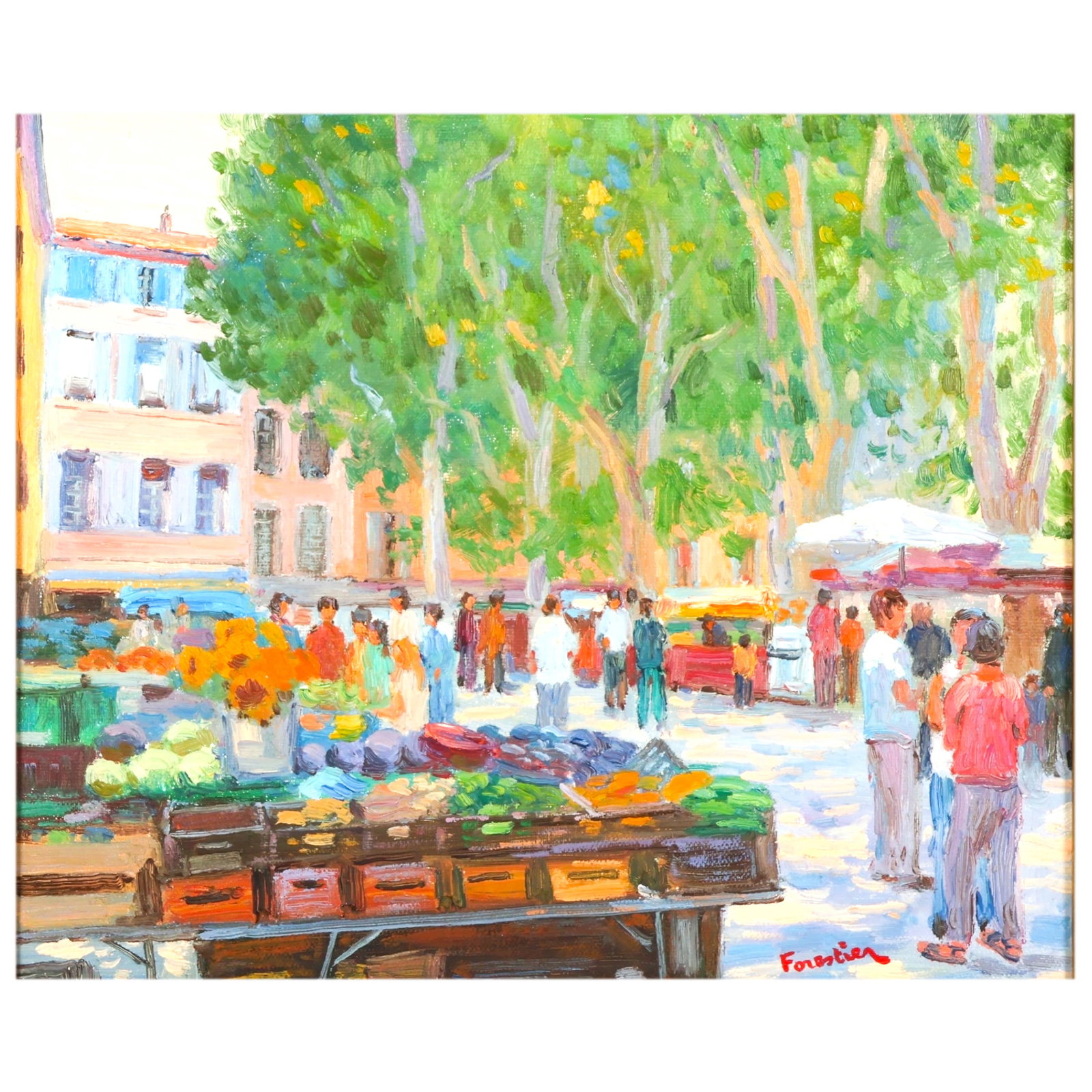 Marc Forestier b.1950 French Market Scene Painting: Marc Forestier (French, born 1950), oil on canvas depicting a bustling outdoor market scene in Aix-en-Provence, France, titled Le Marche a Aix-en-Provence and dated 2014. The composition captures