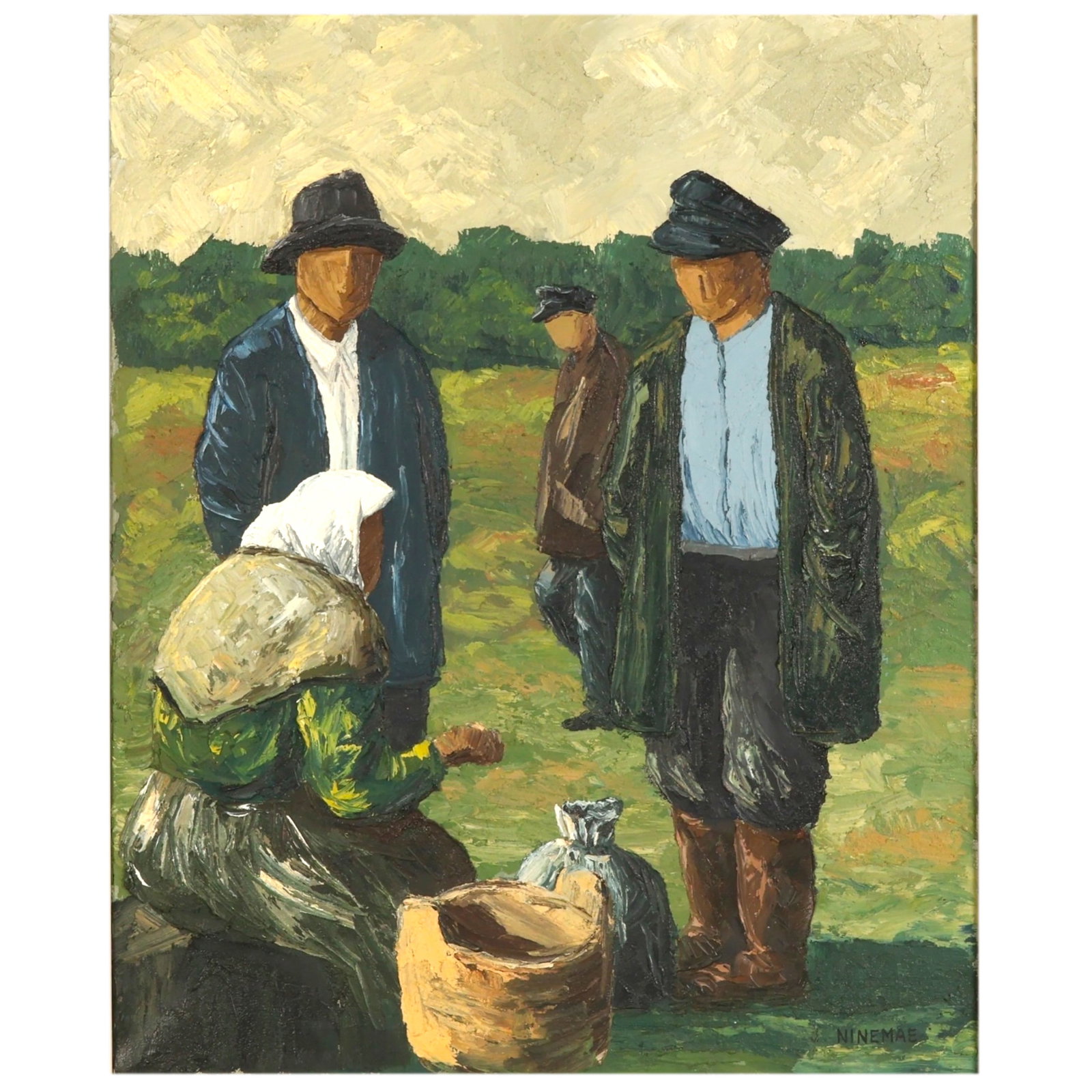 Boris Ninemae 1925-1991 Figures at Market Painting: Boris Ninemae (Estonian/Swedish, 1925-1991), Utanfor marknadsplatsen (Outside the Marketplace), oil on canvas depicting four rural figures gathered in an open landscape. The composition is rendered