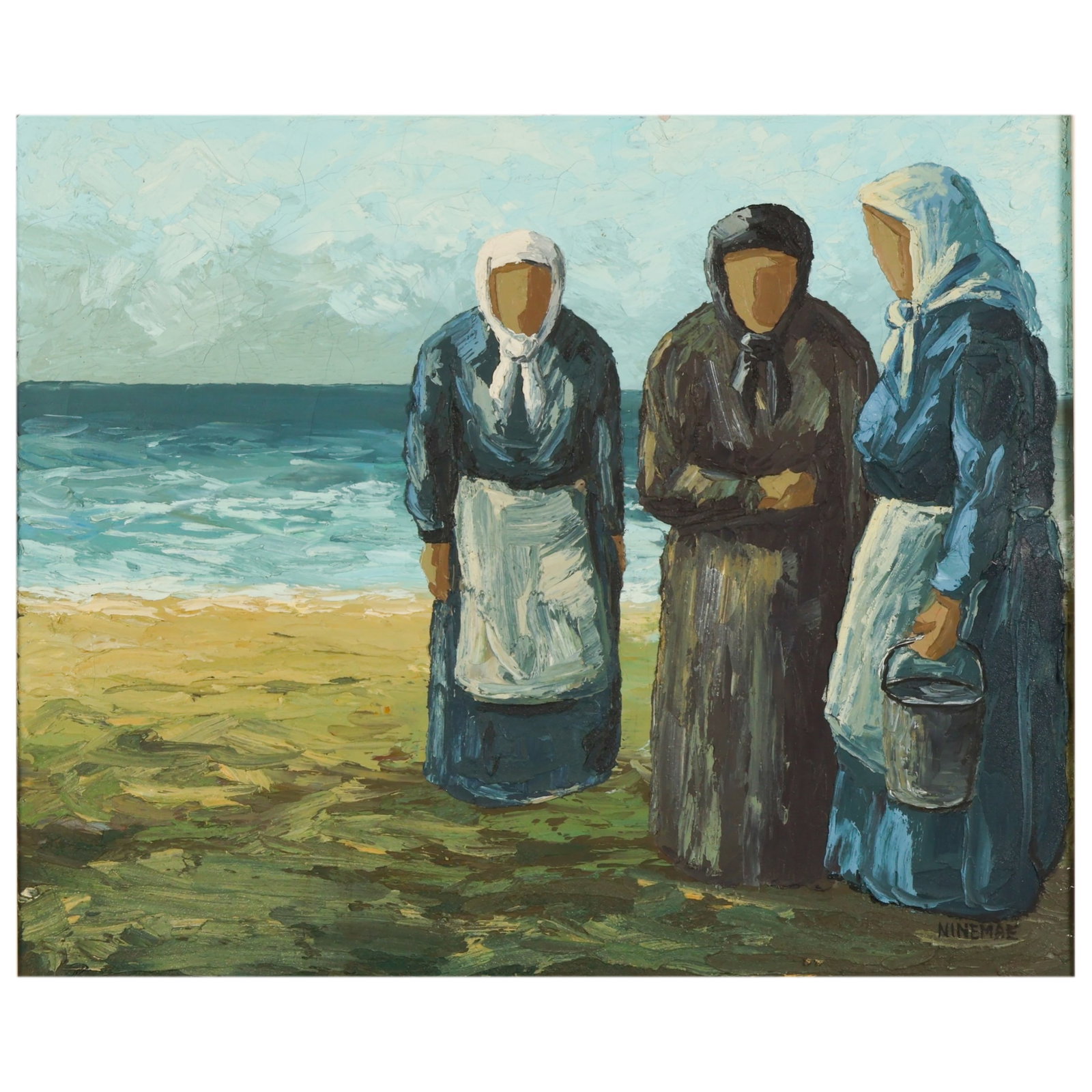 Boris Ninemae 1925-1991 Figural Coastal Painting: Boris Ninemae (Estonian/Swedish, 1925-1991), oil on canvas painting depicting three women in traditional dress gathered along a coastal shoreline. The composition is rendered in a bold palette knife