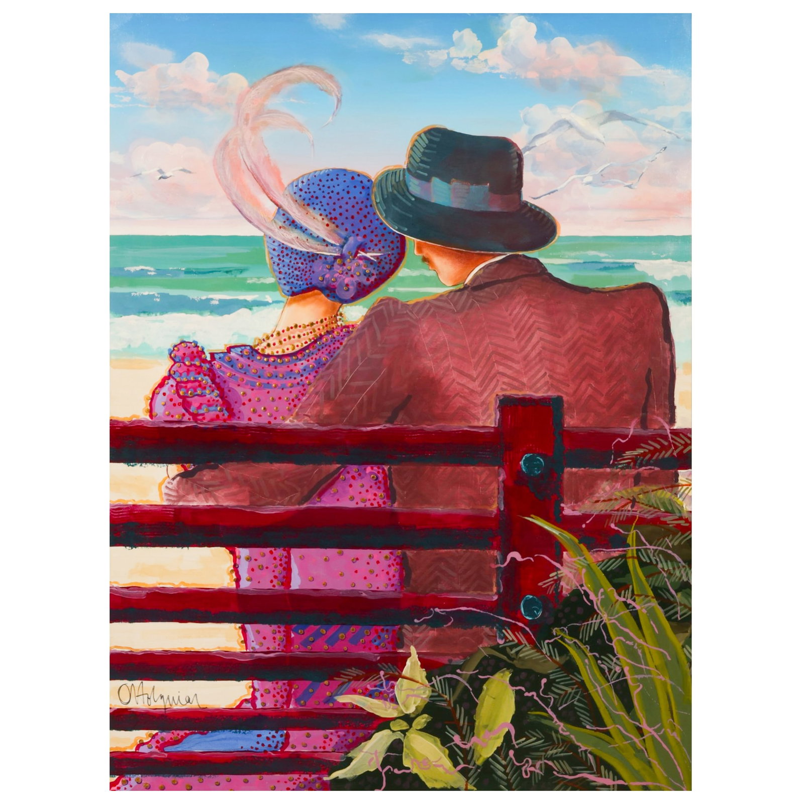 Otto Aguiar 1938-2006 Seaside Couple Oil Painting: Otto de Souza Aguiar (Brazilian, 1938-2006), oil on canvas figural painting depicting an elegantly dressed couple seated on a bench overlooking the ocean. The composition features a woman in a