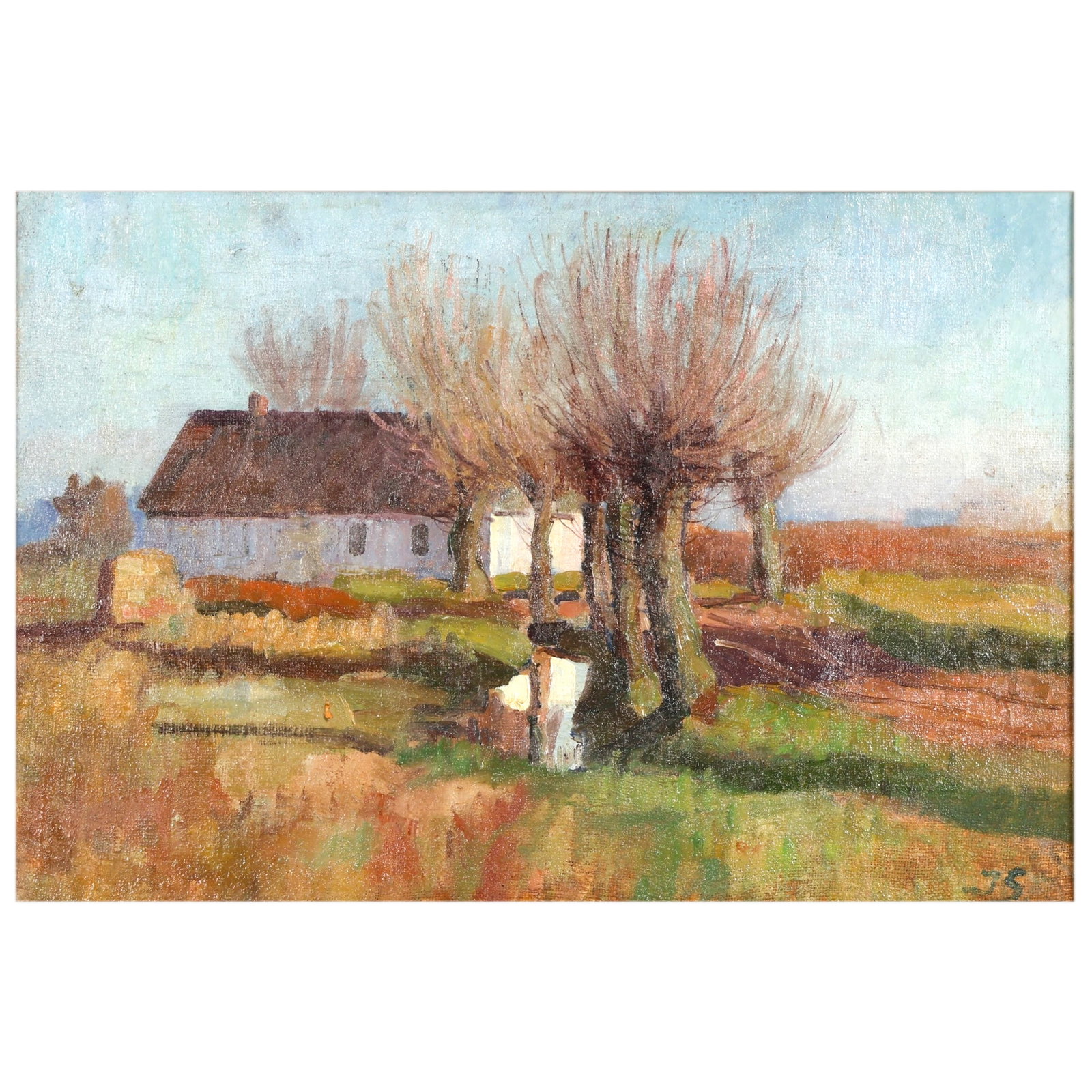 Joakim Skovgaard 1856-1933 Landscape Oil Painting: Joakim Frederik Skovgaard (Danish, 1856-1933), oil on canvas landscape painting depicting a tranquil rural scene with a farmhouse beside a reflective pond and a grouping of pollarded trees beneath a