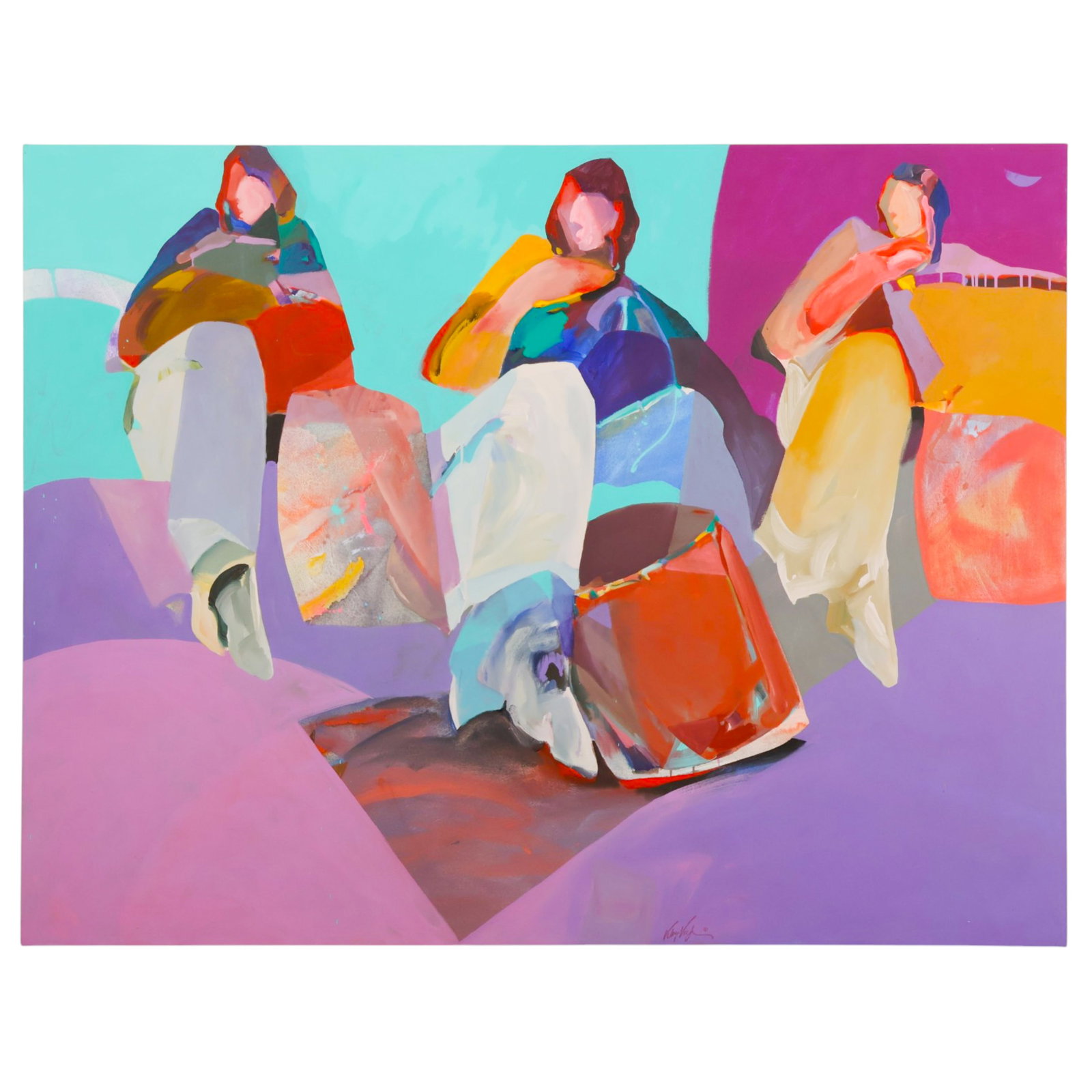 Veloy Vigil 1931-1997 "Chant of Peace" Painting: Veloy Vigil (American, 1931-1997), Chant of Peace, acrylic on canvas depicting a group of stylized figures rendered in the artist's characteristic geometric forms and palette of lavender, turquoise, b