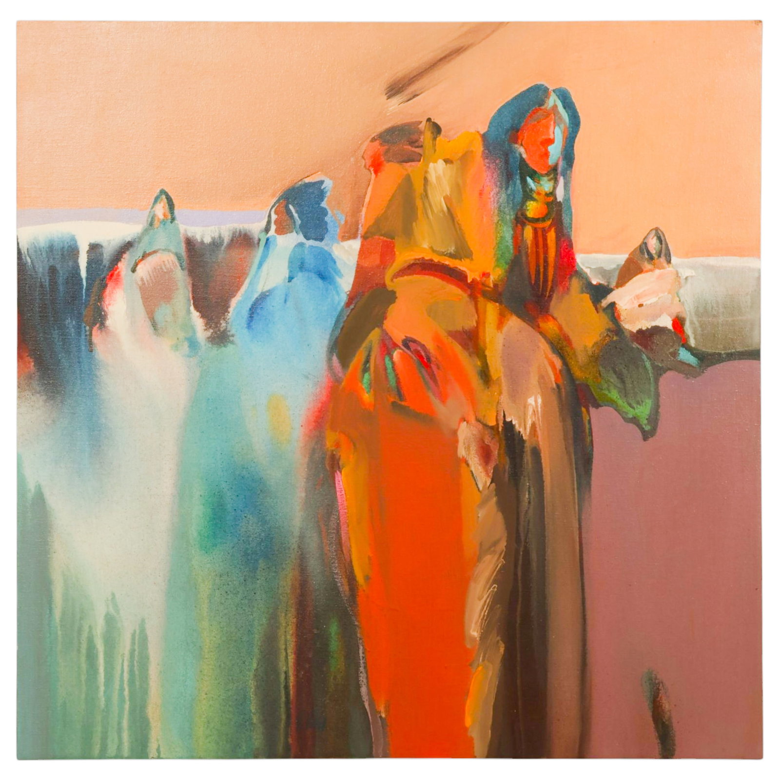 Veloy Vigil 1931-1997 "Necklace" Indians Painting: Veloy Vigil (American, 1931-1997), Necklace, 1978, acrylic on canvas depicting a group of stylized Native American figures rendered in the artist's distinctive expressionist manner. The composition em