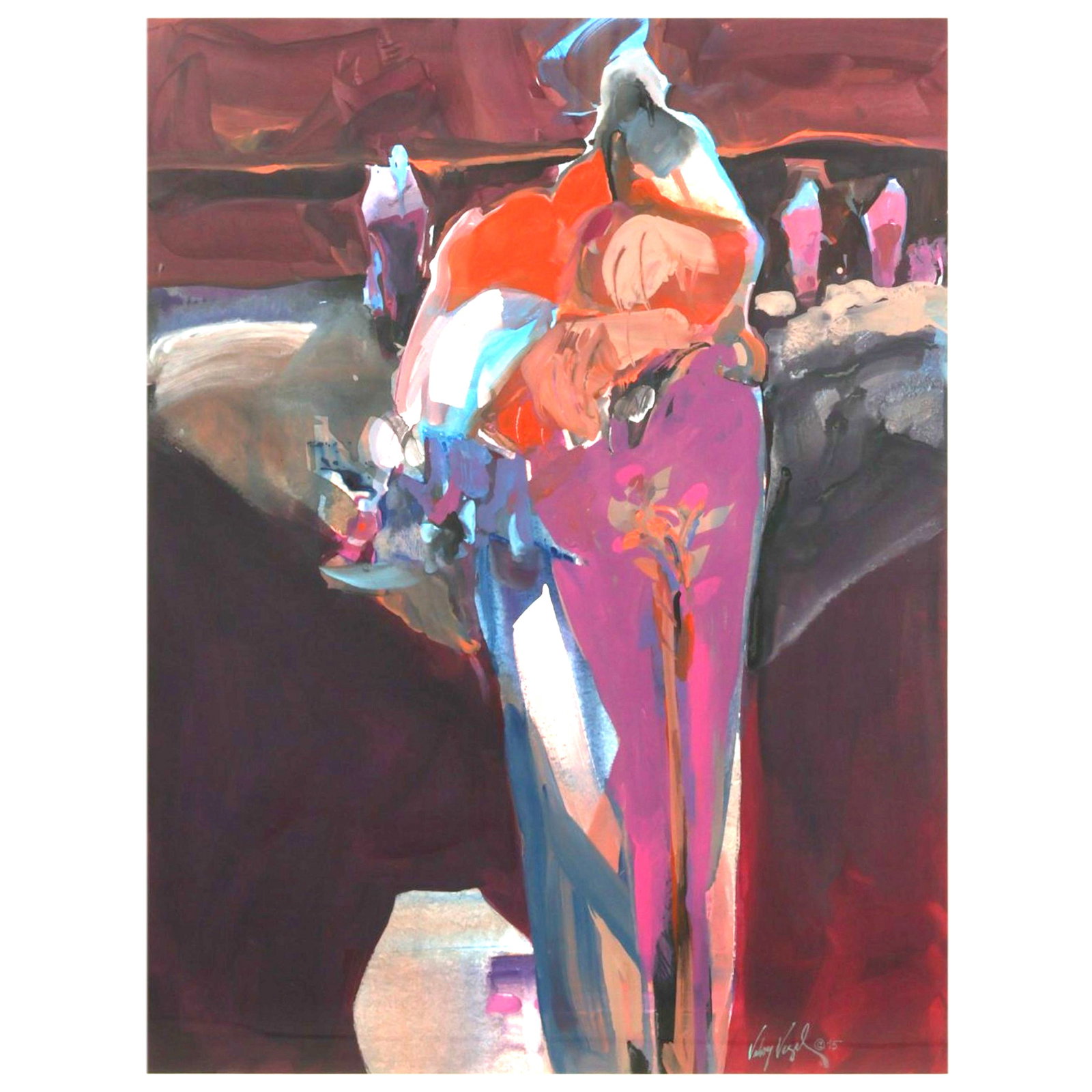 Veloy Vigil 1931-1997 Twilight Stillness Painting: Veloy Vigil (American, 1931-1997), Twilight Stillness, dated 1995, acrylic and oil on paper depicting an abstracted Southwestern figure within a landscape. Executed in the artist's characteristic styl
