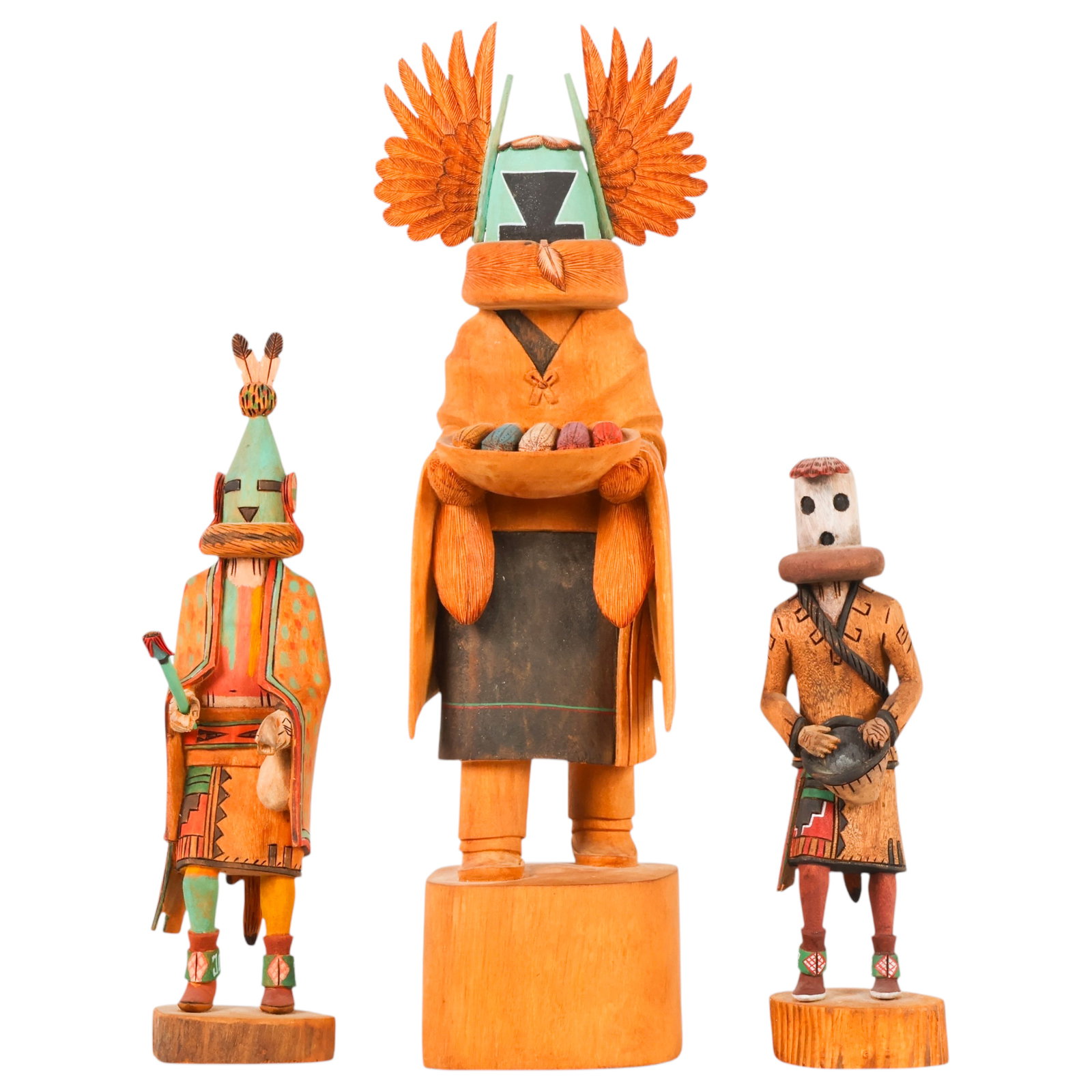 Native American Hand Made Hopi Kachina Doll 3p LOT: Grouping of three hand-carved and painted Native American Hopi kachina dolls, including examples attributed to Nelson Kuwanwama (Hopi) and a larger figure inscribed Angwusnasomtaka (Crow Bride) and da