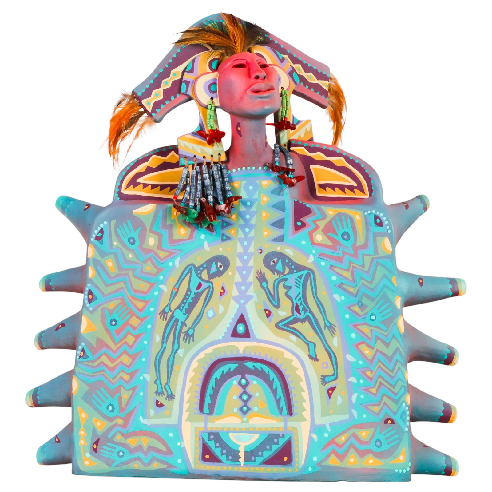 Alice Warder Seely b.1943 Dessert Woman Sculpture: Alice Warder Seely (American, born 1943), Desert Woman, ceramic art sculpture depicting a stylized female figure adorned with an elaborate headdress, feather elements, beadwork, and geometric motifs r