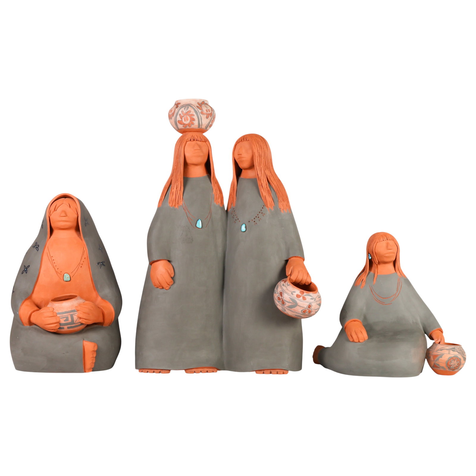 Billy Kratzer 1924-2001 Terracotta Sculptures LOT: Billy Kratzer (American, 1924-2001), lot of three figural sculptures depicting female figures in a Southwestern and Native American-inspired style. The grouping includes two seated female figures and 