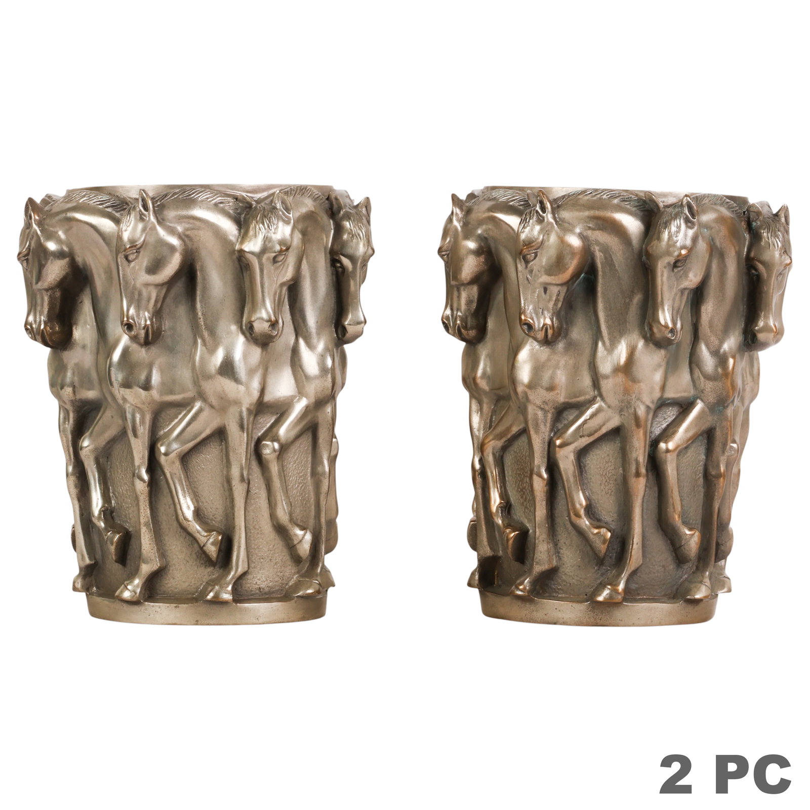 Auguste Moreau Pair of Silvered Bronze Horse Vases: Auguste Moreau (French, 1834-1917), pair of bronze equestrian relief vases featuring a continuous procession of horses with deeply modeled equine heads and forequarters emerging from the cylindrical v