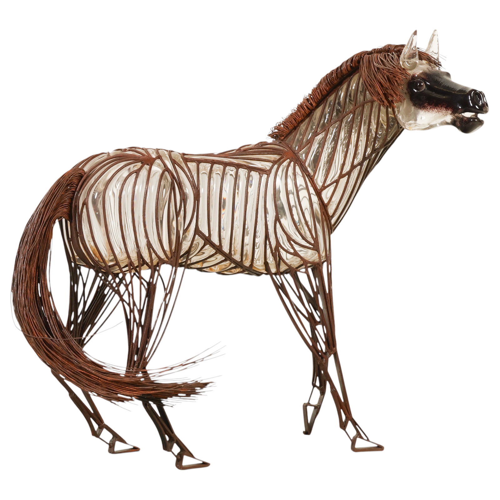 David Bennett b.1941 Blown Glass Horse Sculpture: David Bennett (American, born 1941), hand-blown glass and bronze horse sculpture. The stylized equine form is composed of clear blown glass elements suspended within a sculptural framework of welded b
