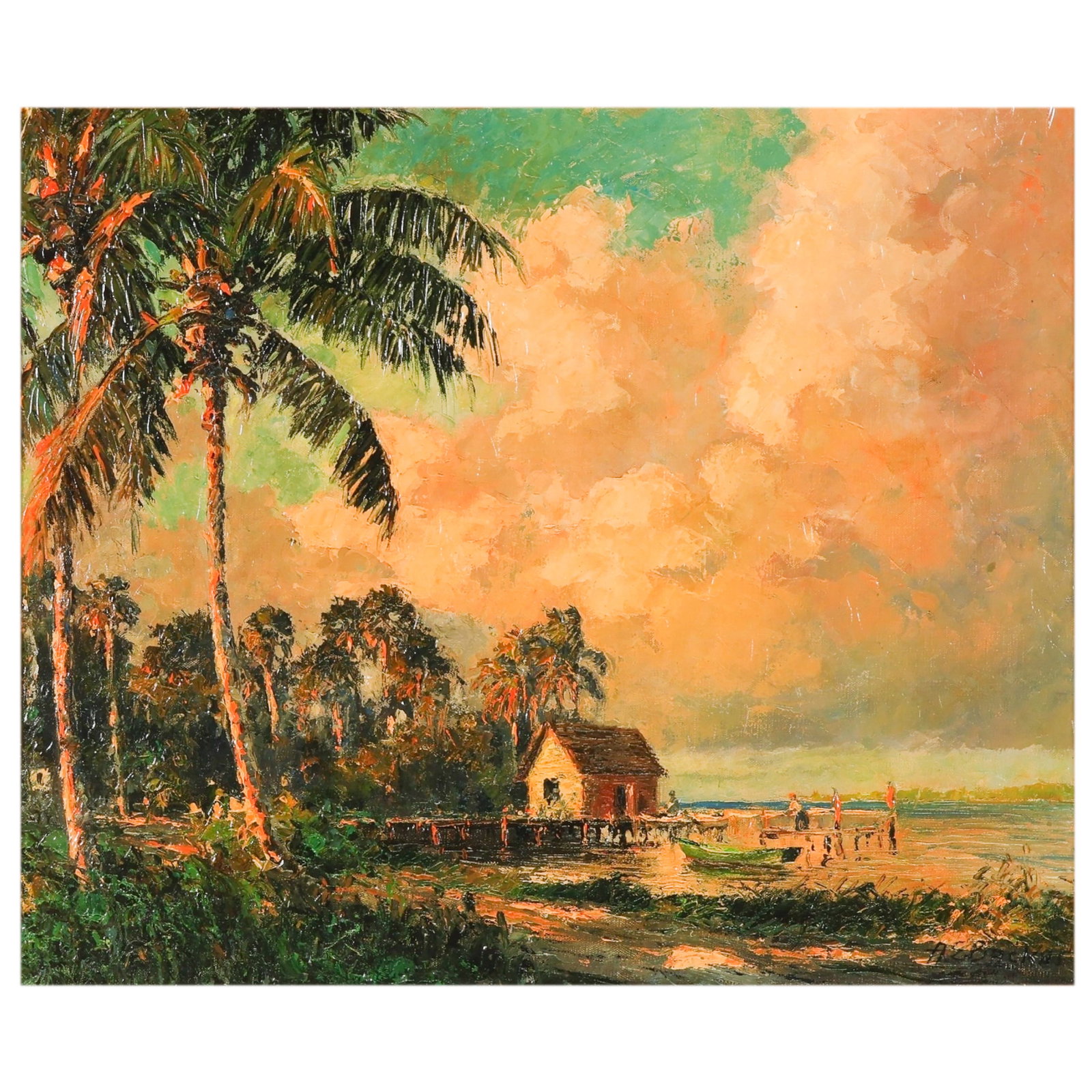 AE Bean Backus 1906-1960 Florida Landscape Giclee: A.E. "Bean" Backus (American, 1906-1990), limited edition giclee on canvas depicting a classic Florida coastal landscape in the Indian River School style, featuring palm trees, a shoreline residence, 