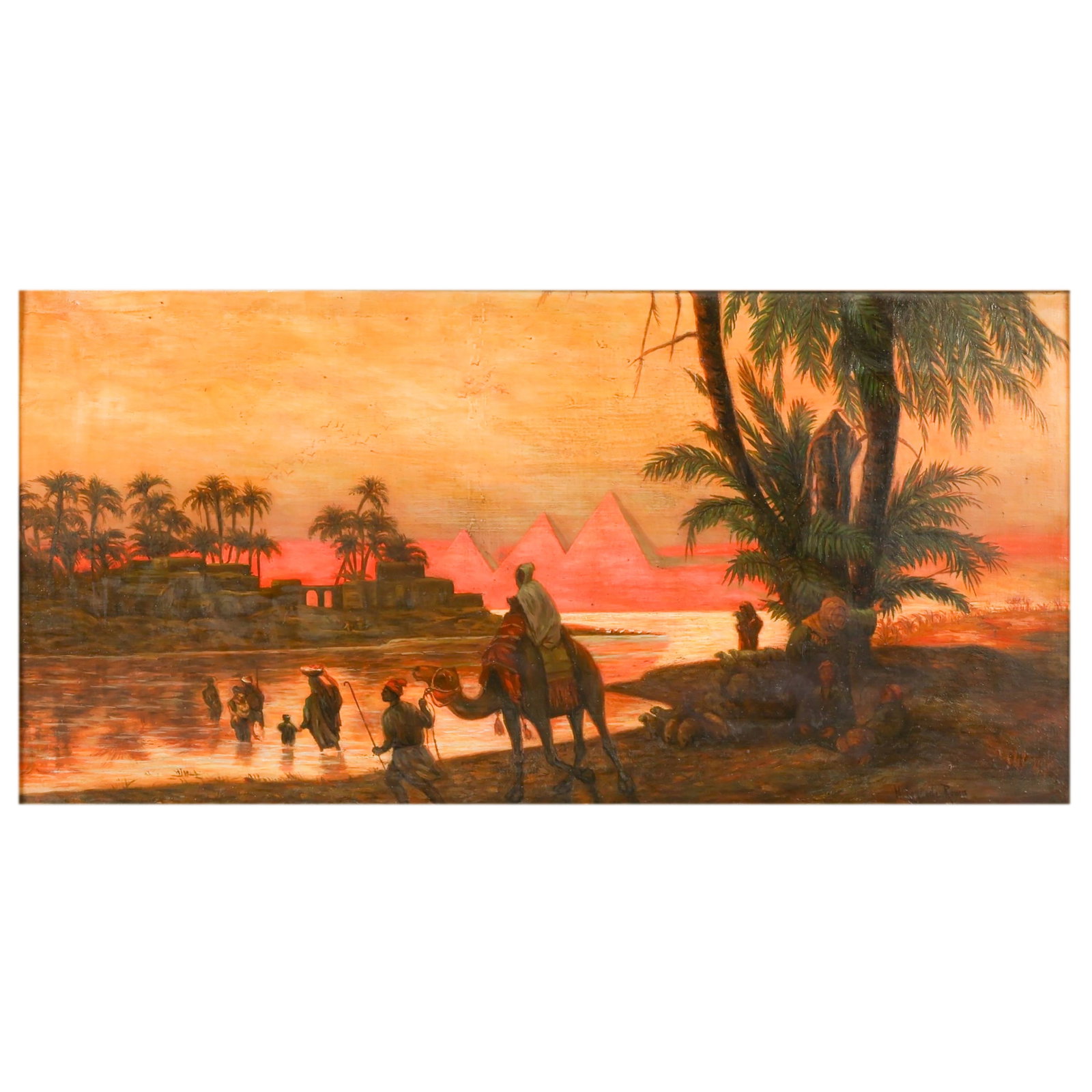 Hermann Corrodi 1844-1905 Nile Pyramids Landscape: Hermann David Salomon Corrodi (Italian-Egyptian, 1844-1905), oil on wood board painting depicting an Orientalist landscape scene with figures gathered along a riverbank before pyramids at sunset. The 