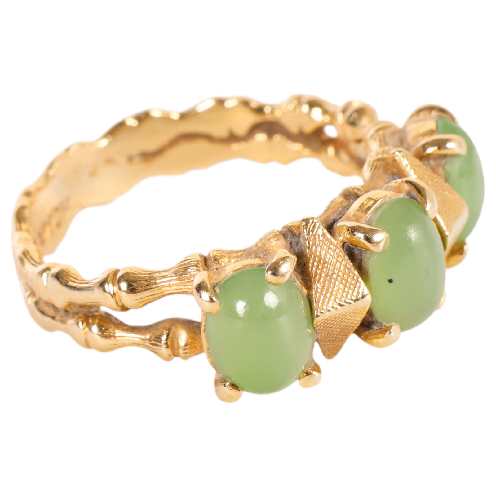 14K Gold Faux Bamboo Double Band Ring Jades Stones (1 of 6)