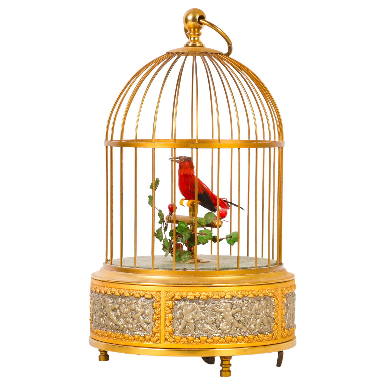 German Antique Mechanical Musical Bird in Birdcage: Antique German mechanical automaton featuring a single songbird with applied natural feathers perched on a stand amidst cloth foliage. The automaton is housed on a fitted base lined with felt and cont