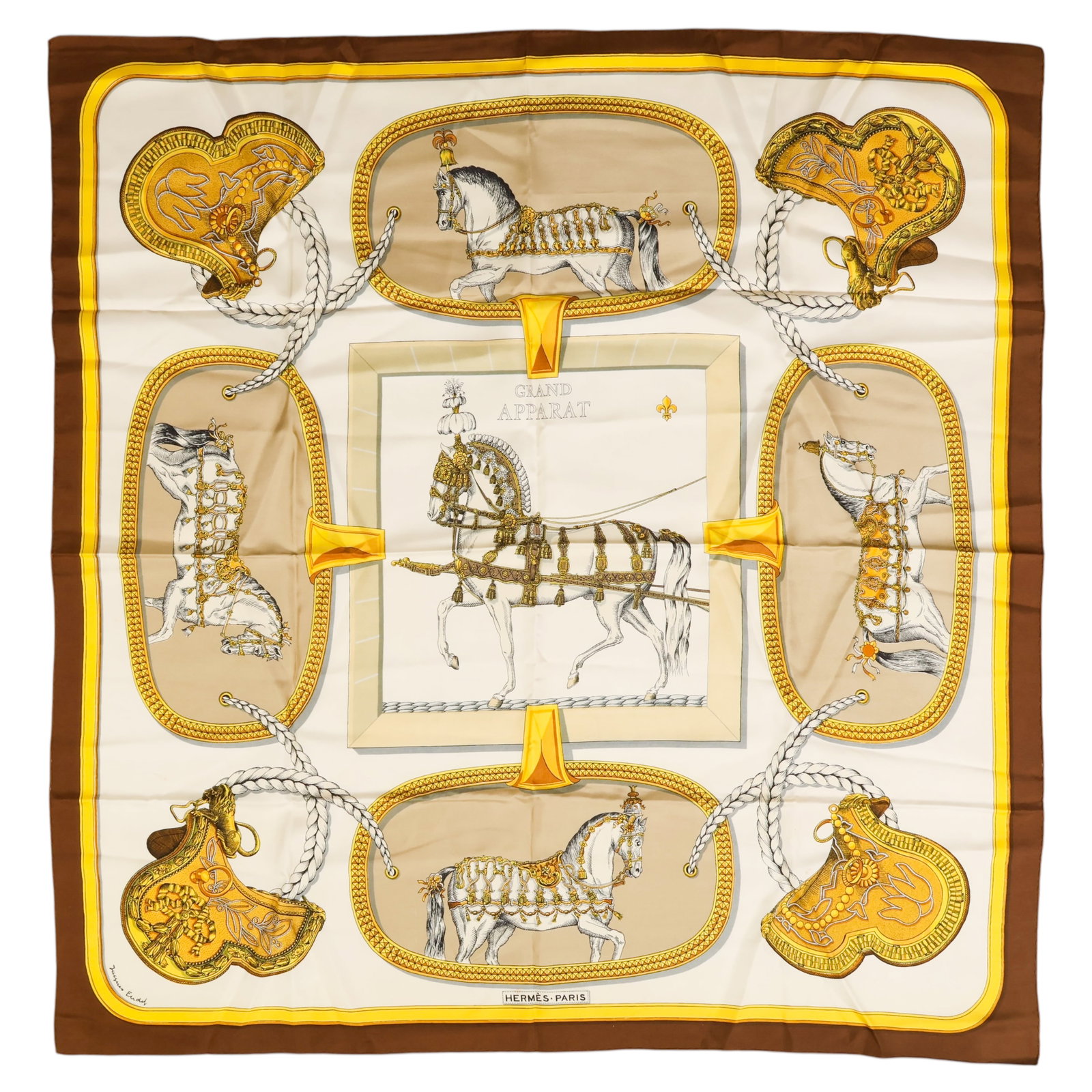 Hermes Paris Vintage Grand Apparat 90cm Silk Scarf: Vintage Hermes Grand Apparat silk scarf designed by Jacques Eudel, featuring an elegant equestrian ceremonial harness motif with horses, ornate tack, and decorative elements throughout. Rendered in a 
