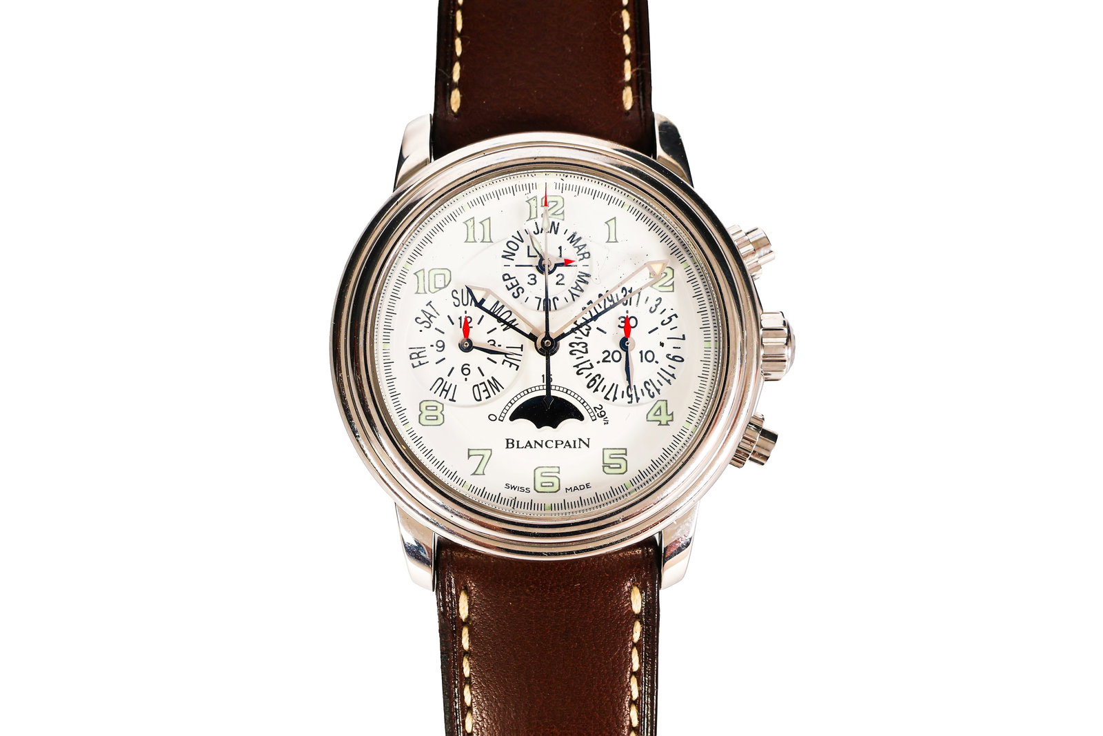Blancpain Leman Perpetual Calendar LE Wristwatch: Blancpain Leman Perpetual Calendar Moonphase Chronograph Limited Edition automatic watch, reference 2685F-1127-53B. Stainless steel case with white dial featuring perpetual calendar, moonphase, chrono