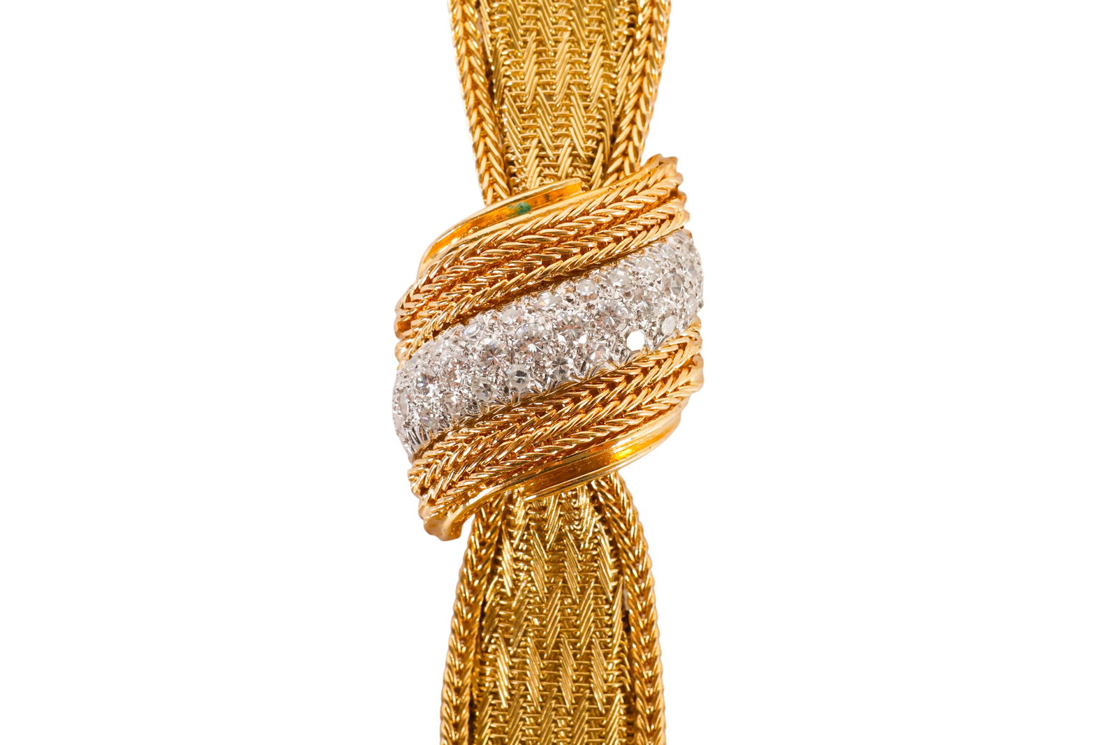 14k Gold and Diamond Belfont Ladies Bracelet Watch: Vintage ladies' 14K yellow gold secret watch featuring a gold mesh wrap band terminating in a decorative knot motif. The hinged cover is accented with multiple rows of round brilliant-cut diamonds hav